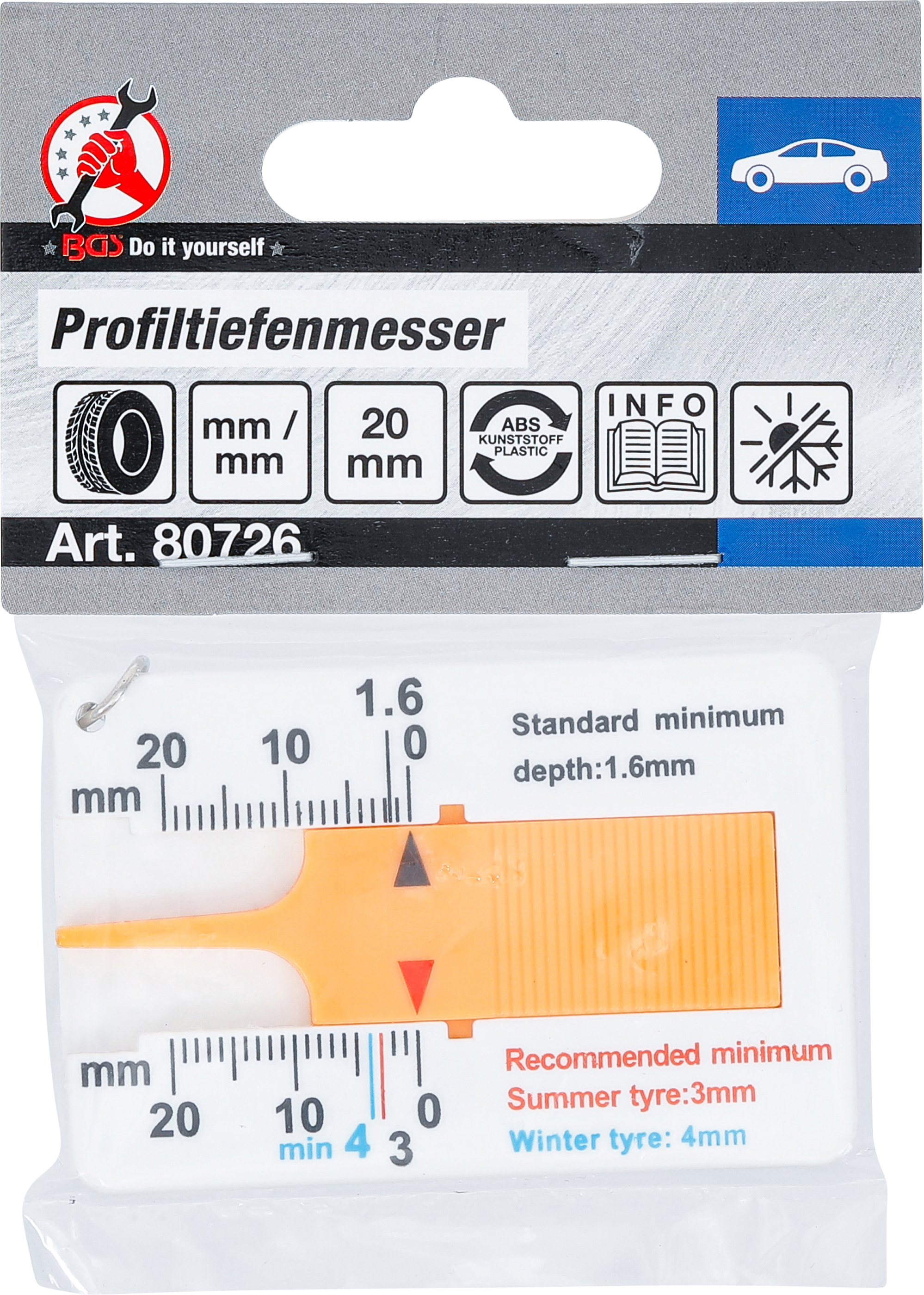 BGS Profiltiefenmesser | mit Schlüsselanhänger | 0 - 20 mm