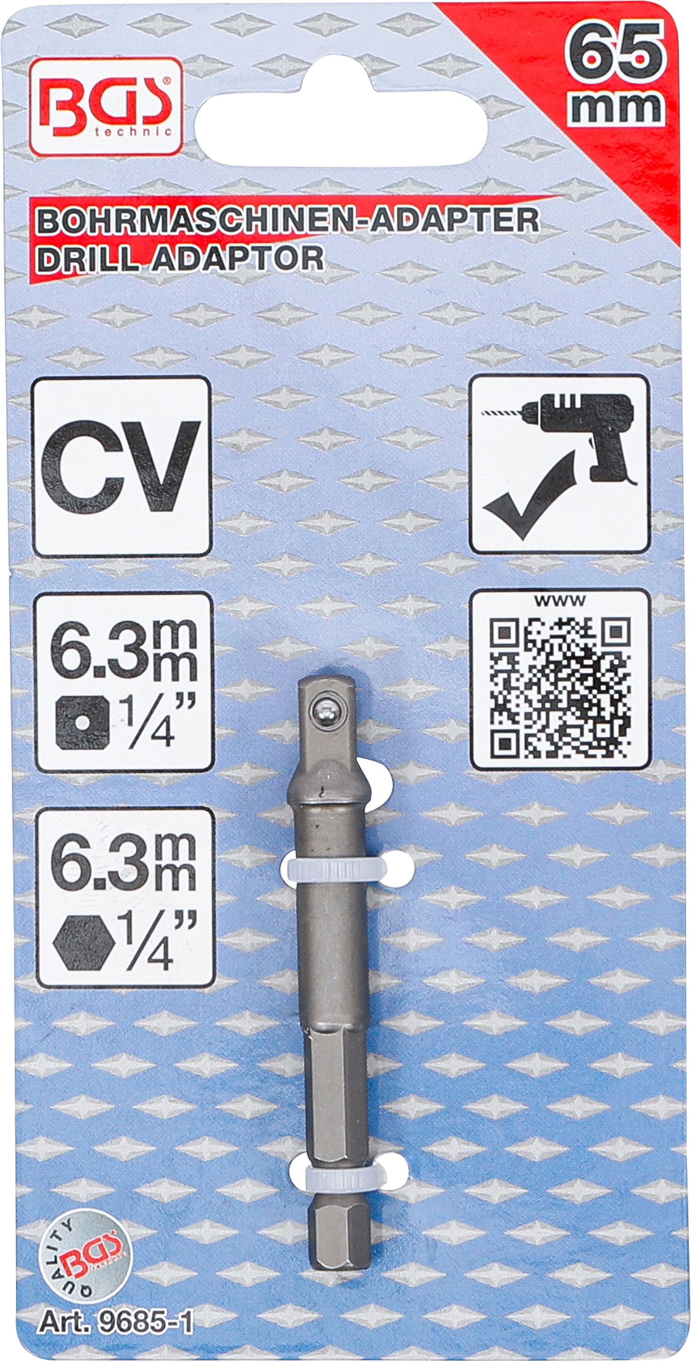 BGS Adapter für Bohrmaschinen | Antrieb Außensechskant 6,3 mm (1/4") / Abtrieb Außenvierkant 6,3 mm (1/4")