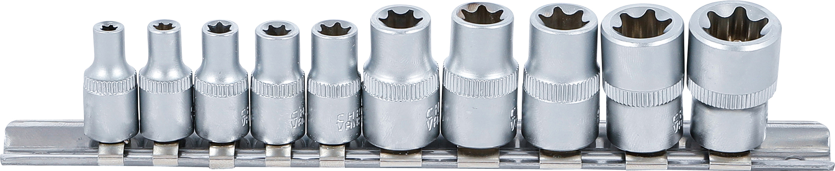 BGS Steckschlüssel-Einsatz-Satz E-Profil | Antrieb Innenvierkant 6,3 mm (1/4") / 10 mm (3/8") | SW E4 - E16 | 10-tlg.