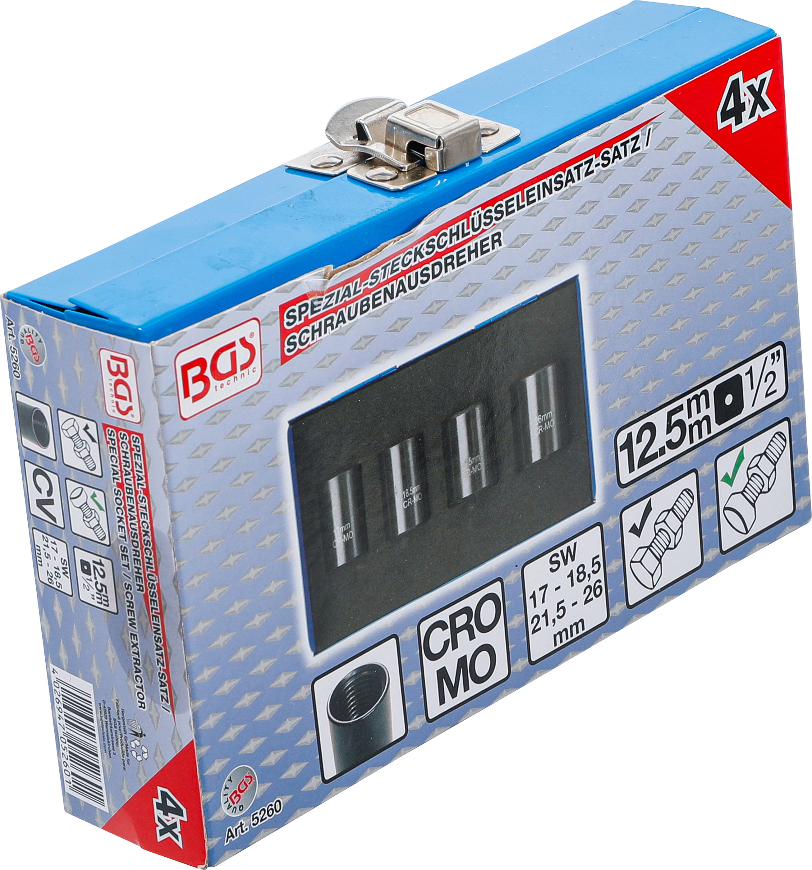 BGS Spiral-Profil-Steckschlüssel-Satz / Schraubenausdreher | Antrieb Innenvierkant 12,5 mm (1/2") | SW 17 - 26 mm | 4-tlg.