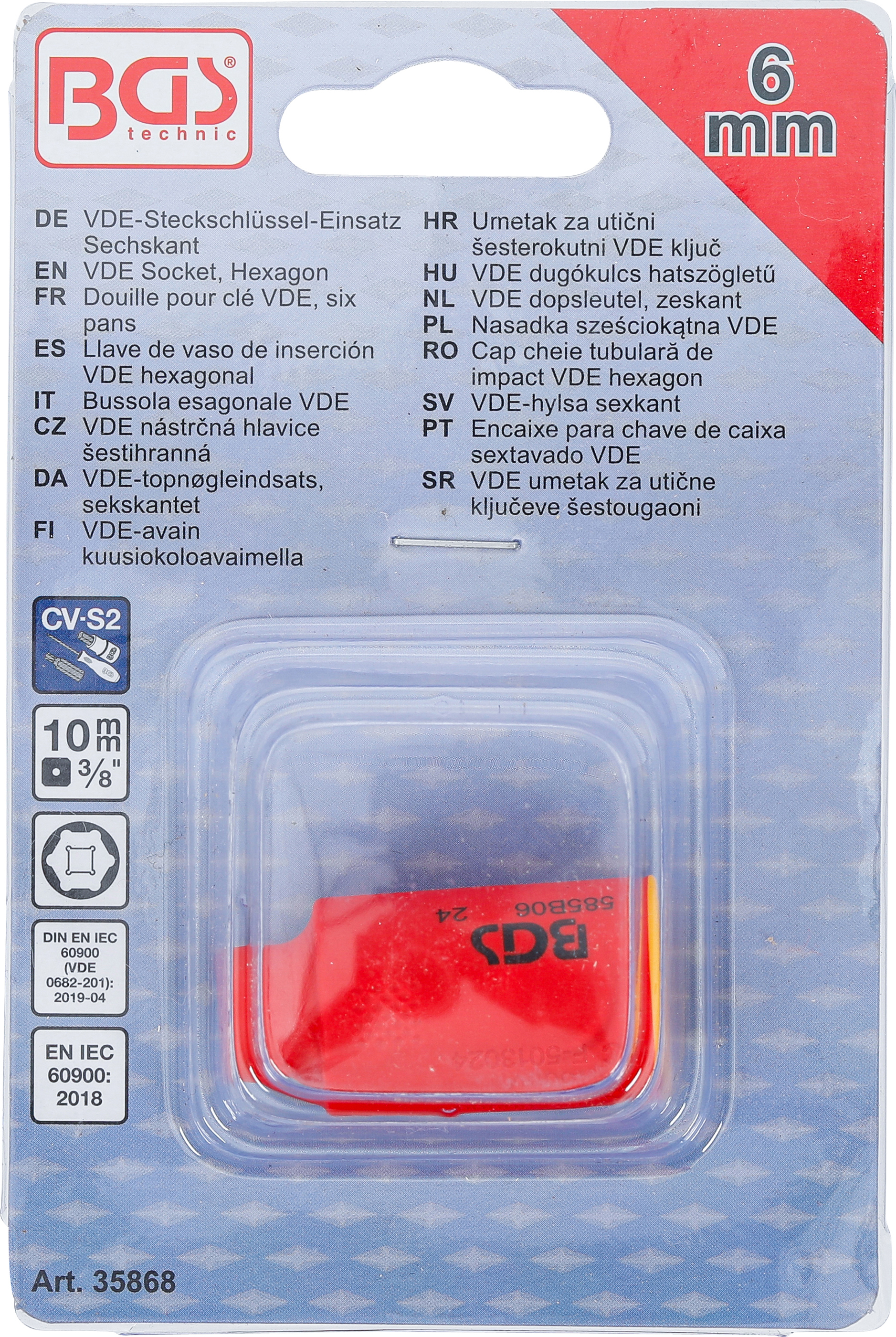 BGS VDE-Steckschlüssel-Einsatz Sechskant | Antrieb Innenvierkant 10 mm (3/8") | SW 6 mm