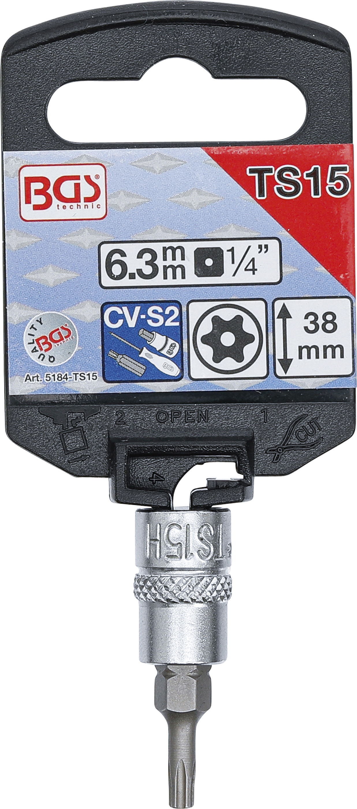 BGS Bit-Einsatz | Antrieb Innenvierkant 6,3 mm (1/4") | TS-Profil (für Torx Plus) mit Bohrung TS15