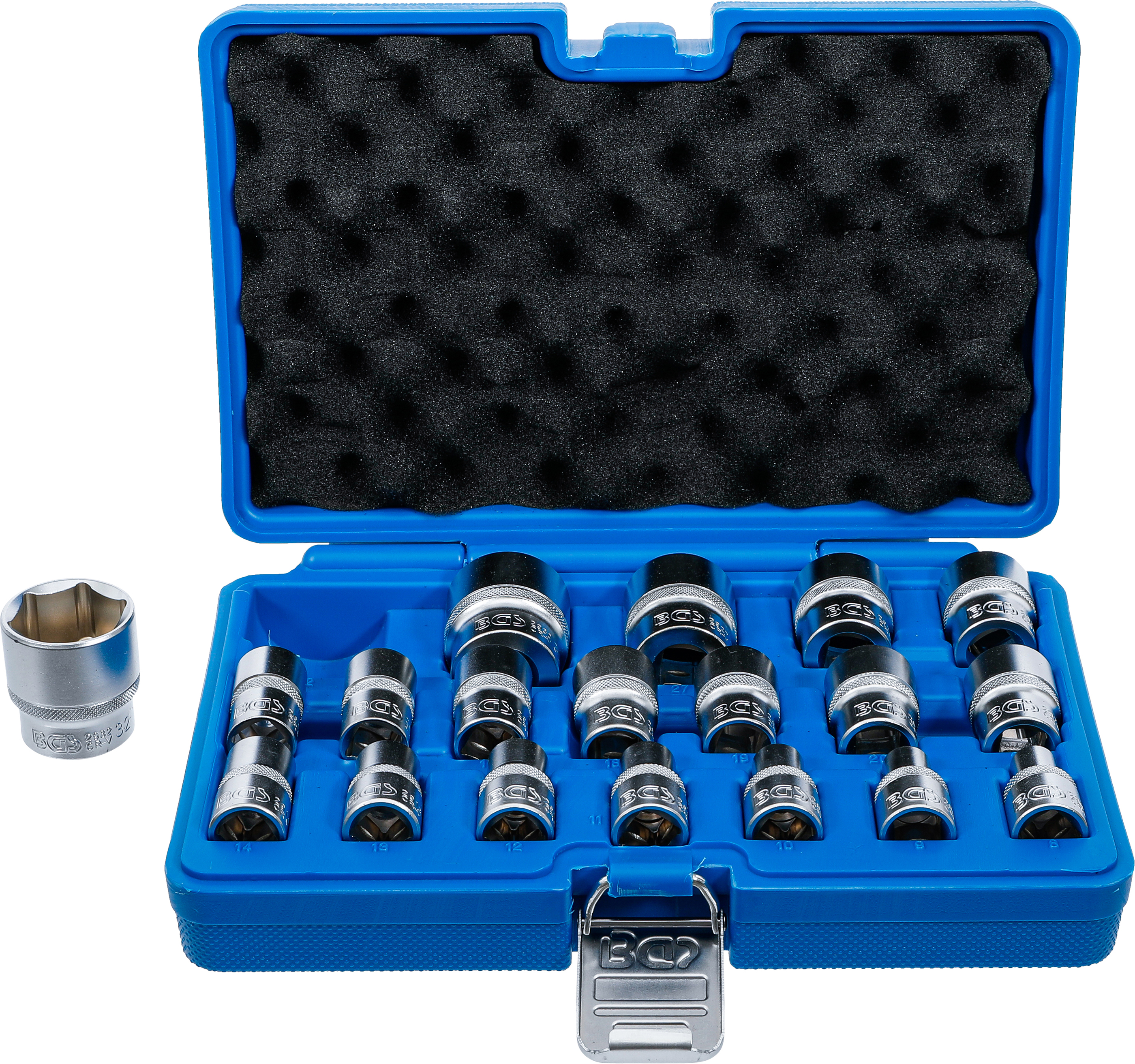 BGS Steckschlüssel-Einsatz-Satz, Sechskant | Antrieb Innenvierkant 12,5 mm (1/2") | SW 8 - 32 mm | 19-tlg.