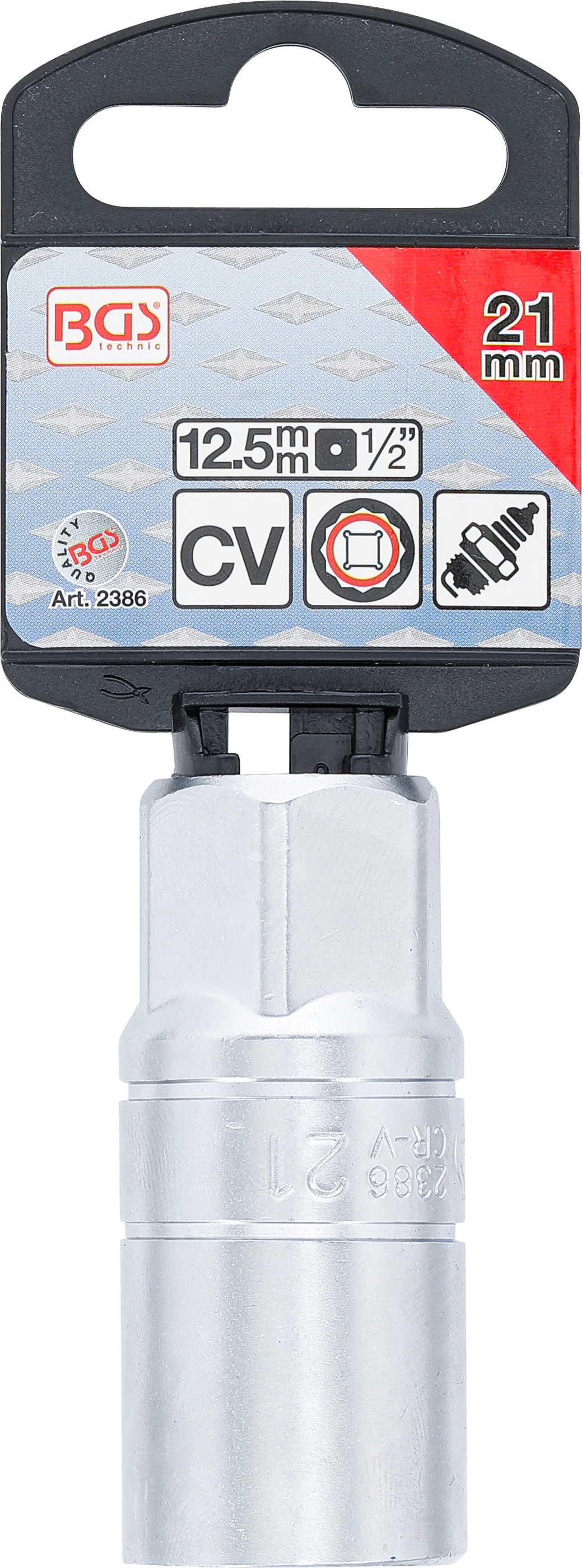 BGS Zündkerzen-Einsatz mit Haltegummi, Zwölfkant | Antrieb Innenvierkant 12,5 mm (1/2") | SW 21 mm