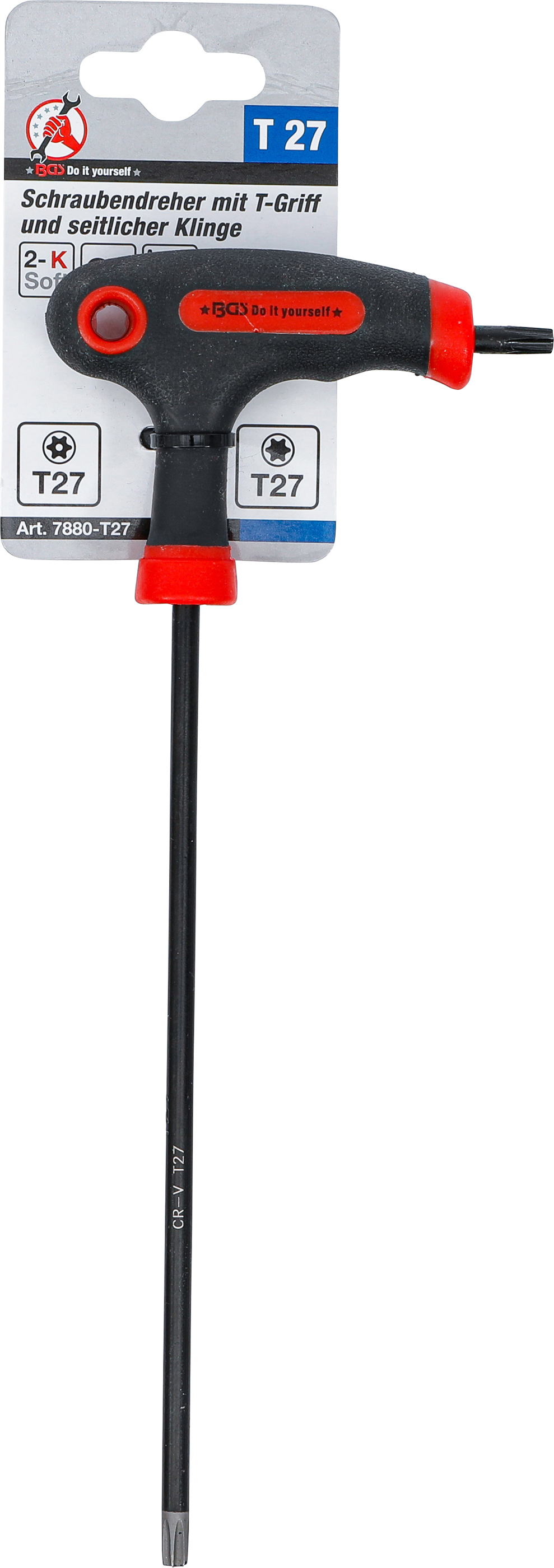 BGS Schraubendreher mit T-Griff und seitlicher Klinge | T-Profil (für Torx) mit/ohne Bohrung T27