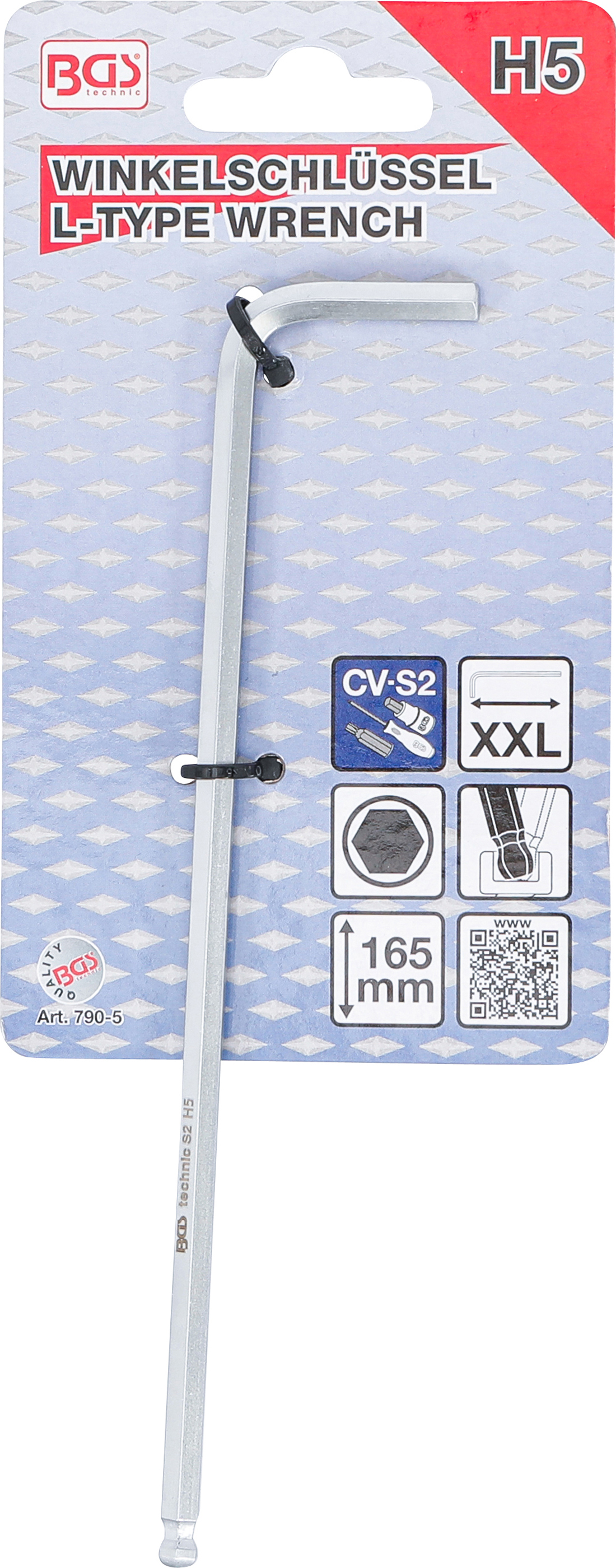 BGS Winkelschlüssel | extra lang | Innensechskant / Innensechskant mit Kugelkopf 5 mm