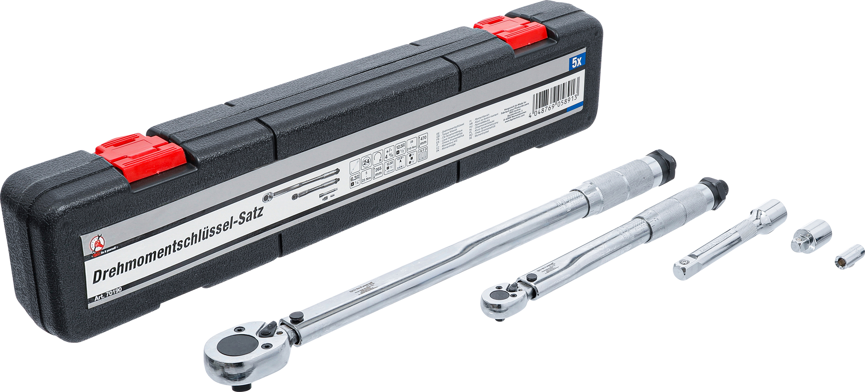BGS Drehmomentschlüssel-Satz | Abtrieb Außenvierkant 6,3 mm (1/4") 5 - 25 Nm, 12,5 mm (1/2") 28 - 210 Nm | 5-tlg.