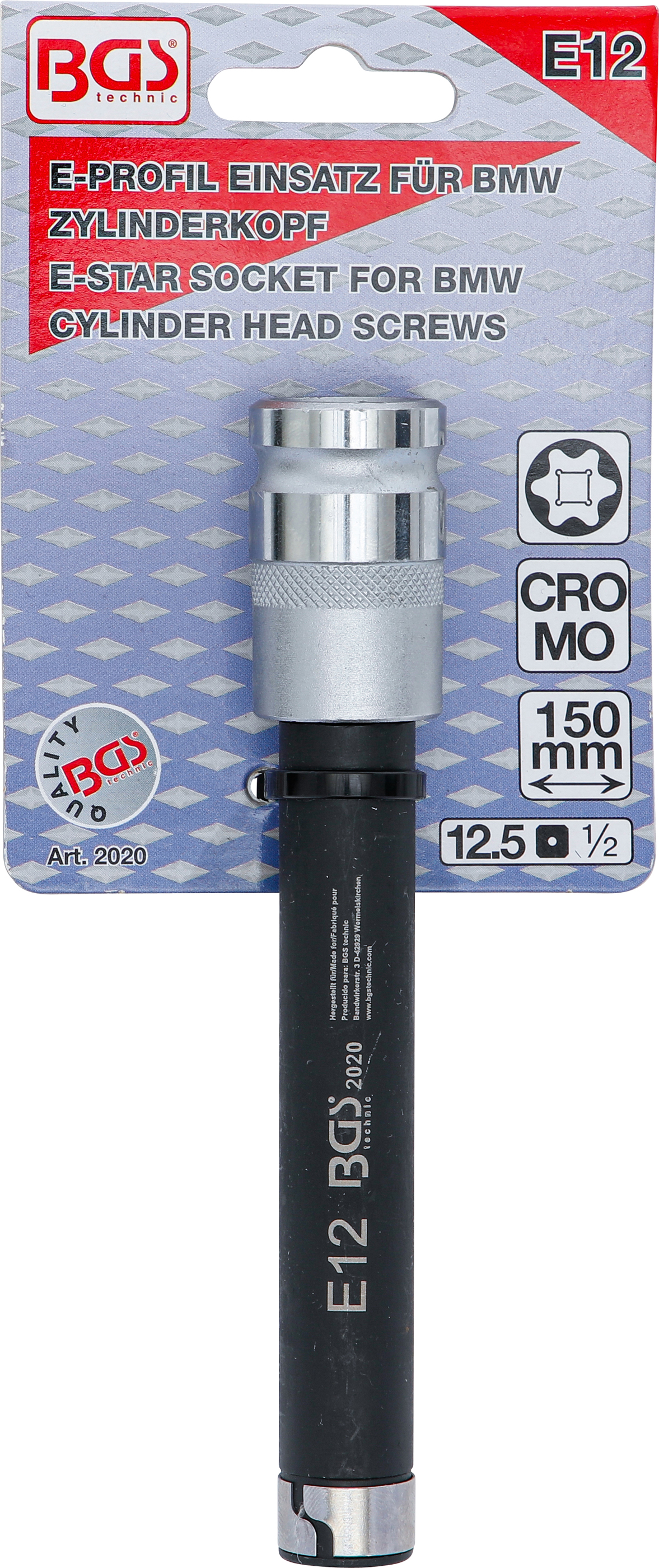 BGS Steckschlüssel-Einsatz für BMW-Zylinderkopf E-Profil, 150 mm | Antrieb Innenvierkant 12,5 mm (1/2") | SW E12