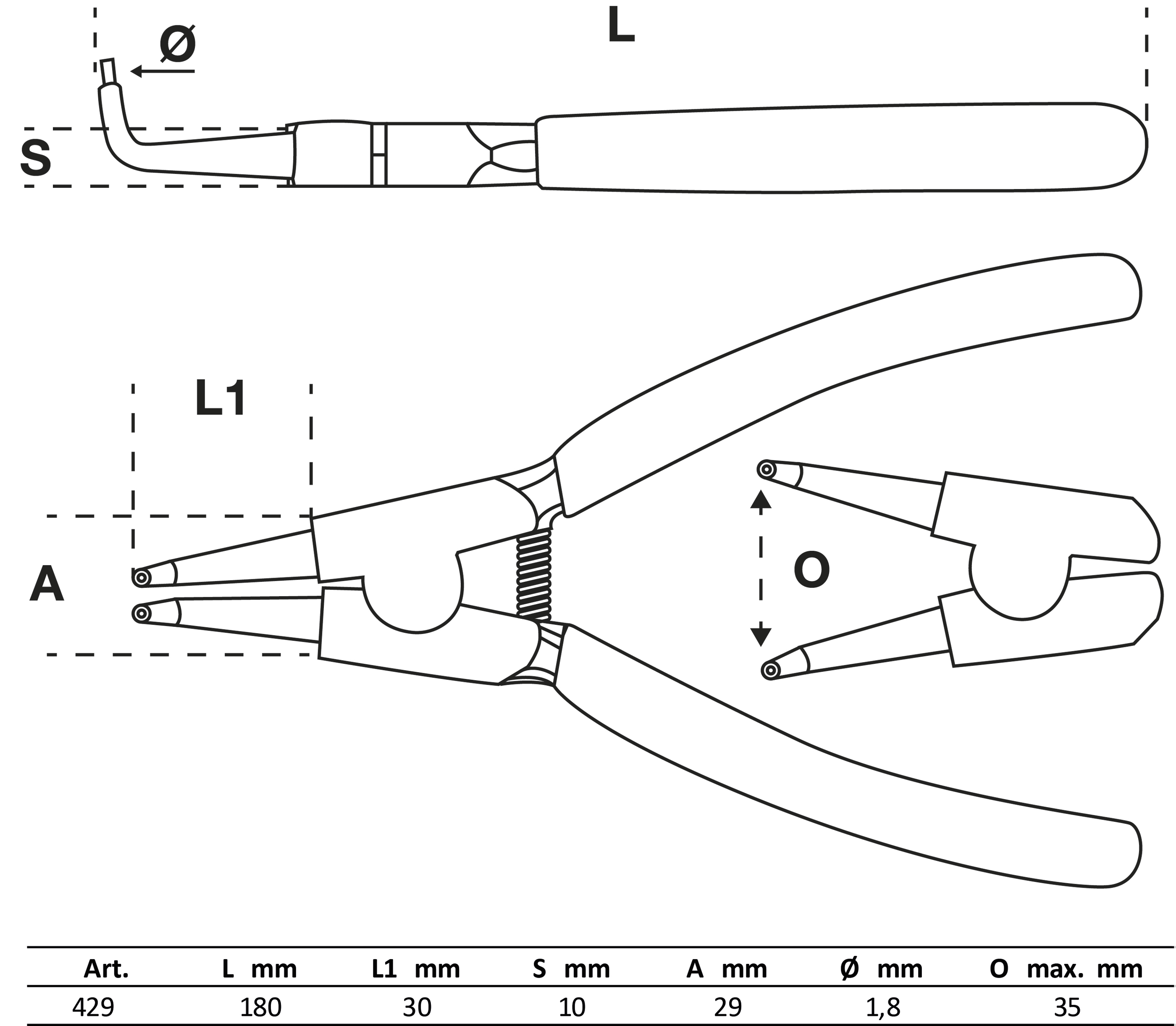 BGS Sprengringzange | gebogen | für Außensprengringe | 180 mm