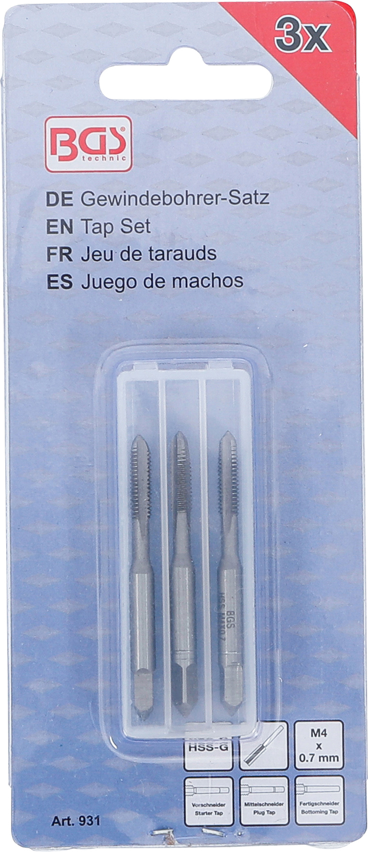 BGS Gewindebohrer-Satz | Vor-, Mittel- und Fertigschneider | HSS-G | M4 x 0,7 | 3-tlg.