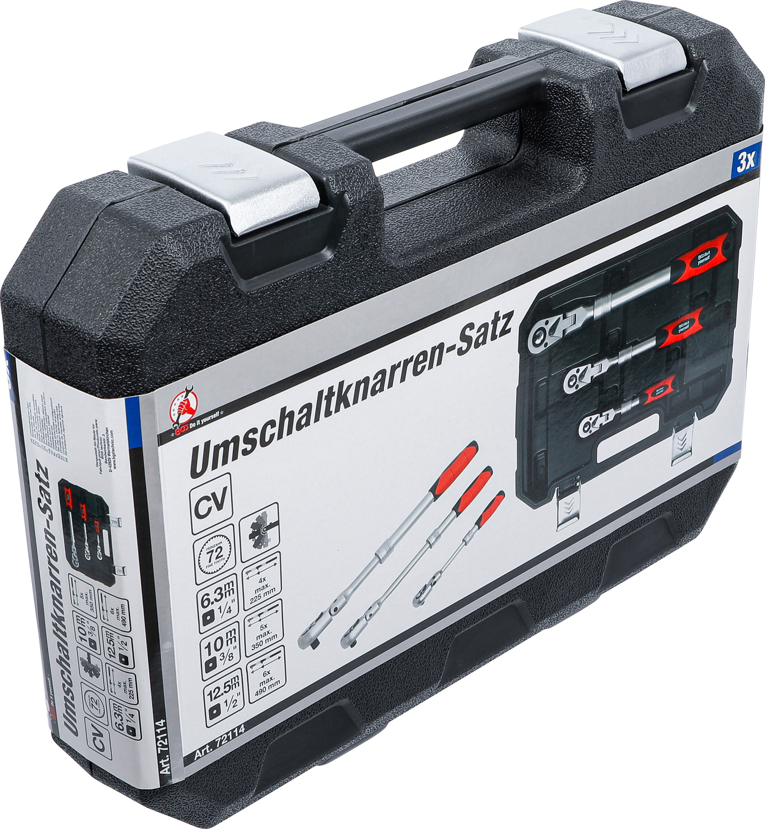 BGS Umschaltknarren-Satz | ausziehbar, abwinkelbar | Abtrieb Außenvierkant 6,3 mm (1/4") - 10 mm (3/8") - 12,5 mm (1/2") | 3-tlg.