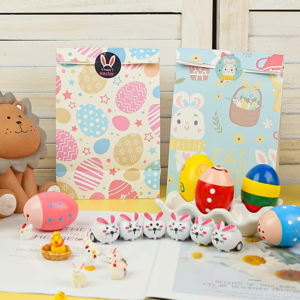 Koogel Ostern Papier Geschenktüten, 12 Stücke 6 Designs Bunte Ostern Partytüte mit Ostern Geschenkanhänger Aufklebern Süßigkeiten Papiertüten für Kind