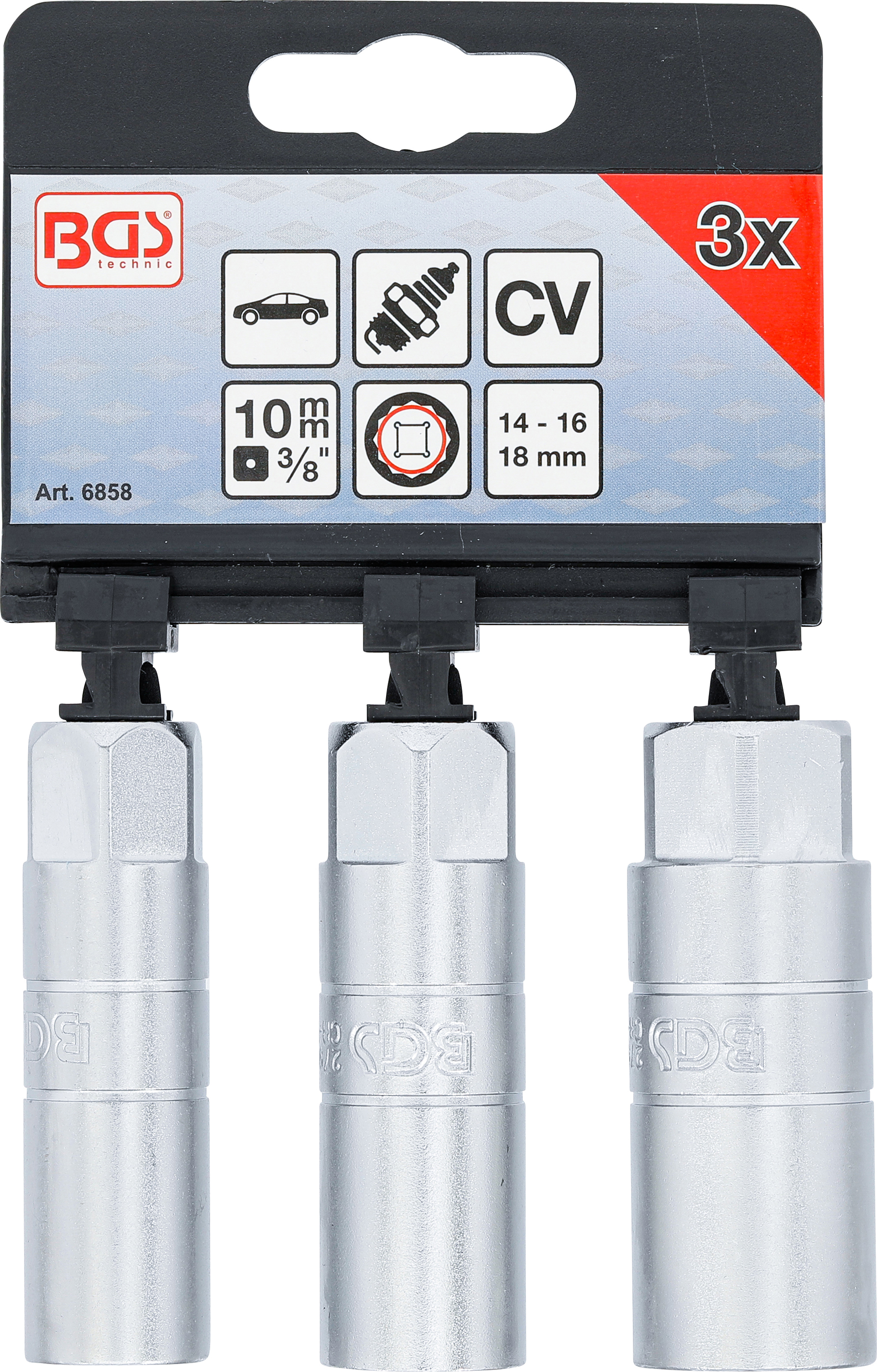 BGS Zündkerzen-Einsatz-Satz Zwölfkant | Antrieb Innenvierkant 10 mm (3/8") | SW 14 - 16 - 18 mm | 3-tlg.
