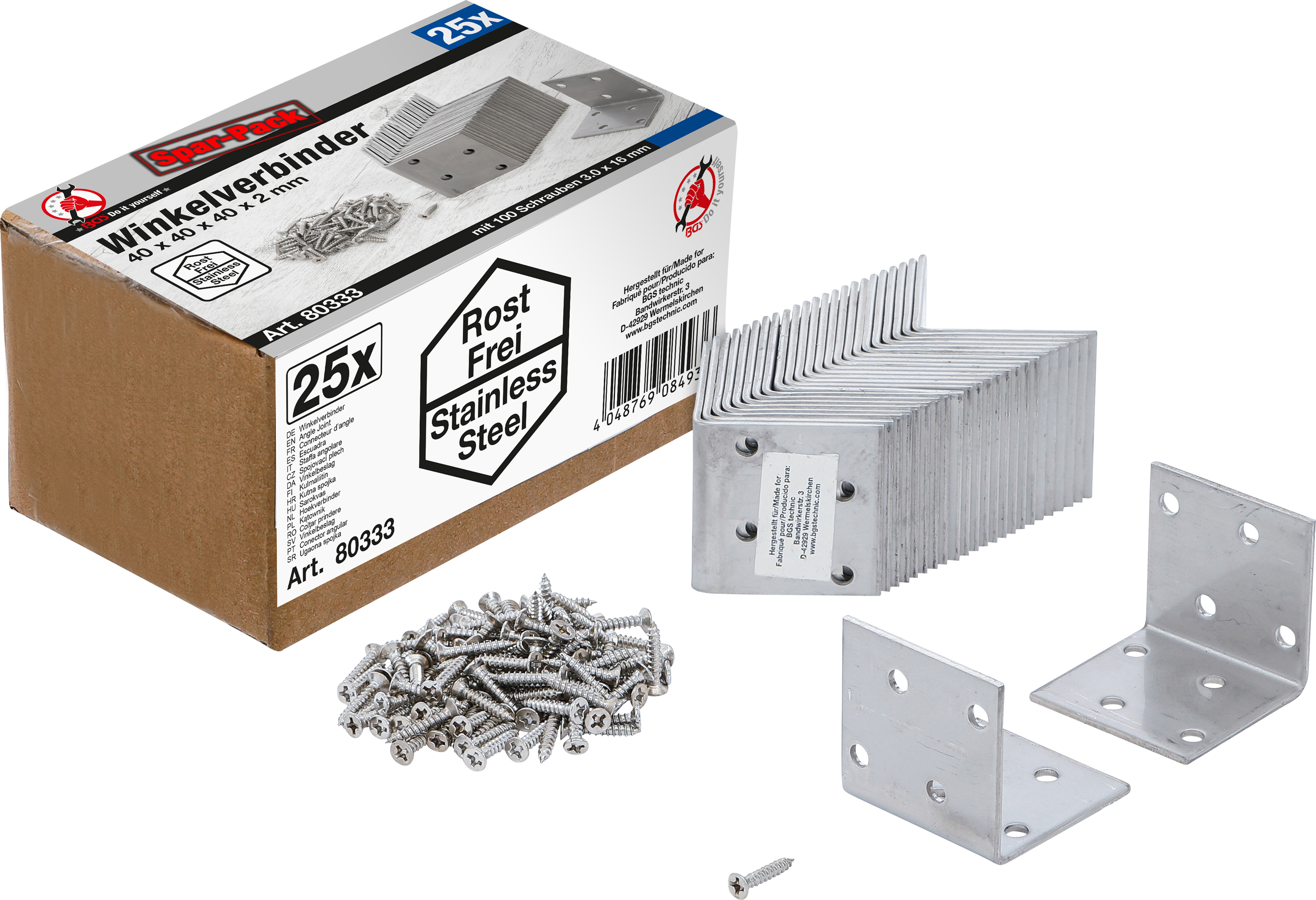 BGS Winkelverbinder | rostfrei | 40 x 40 x 40 mm | Spar-Pack | 25 Stück