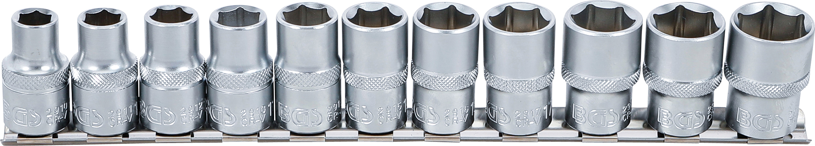 BGS Steckschlüssel-Einsatz-Satz, Sechskant | Antrieb Innenvierkant 12,5 mm (1/2") | SW 10 - 21 mm | 11-tlg.