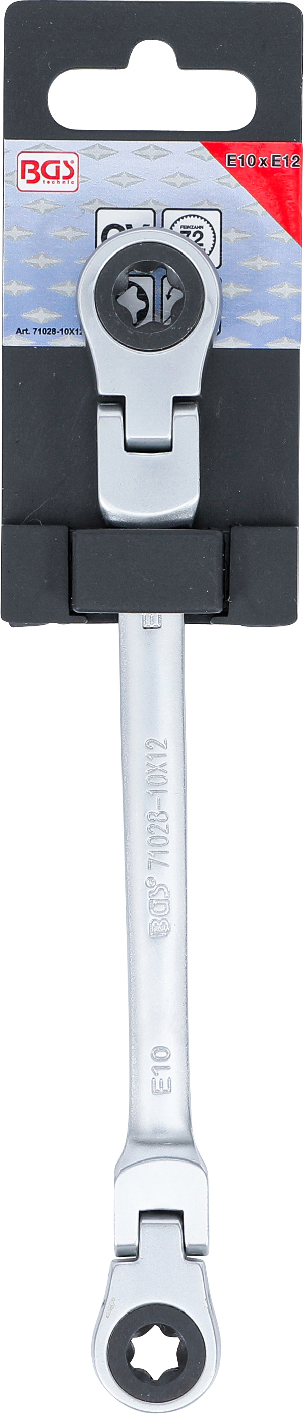 BGS Doppel-Ratschen-Ringschlüssel | abwinkelbar | mit E-Profil Ringköpfen | SW E10 x E12