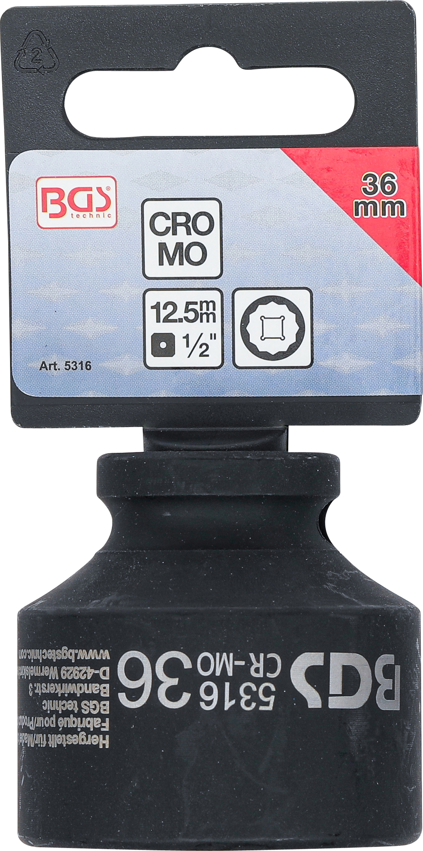 BGS Kraft-Steckschlüssel-Einsatz Zwölfkant | Antrieb Innenvierkant 12,5 mm (1/2") | SW 36 mm