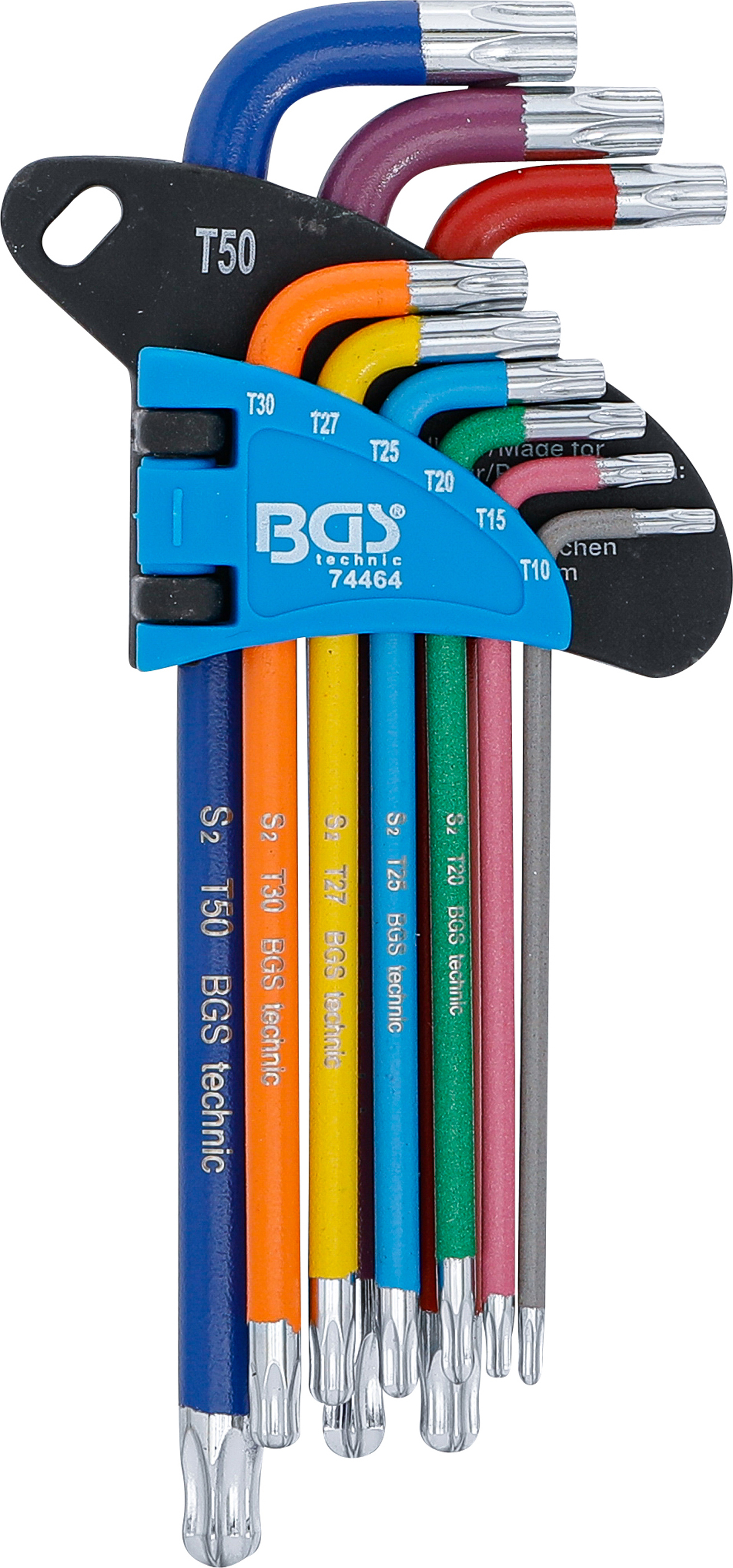 BGS Winkelschlüssel-Satz | Multicolour | T-Profil (für Torx) mit Bohrung und Kugelkopf T10 - T50 | 9-tlg.