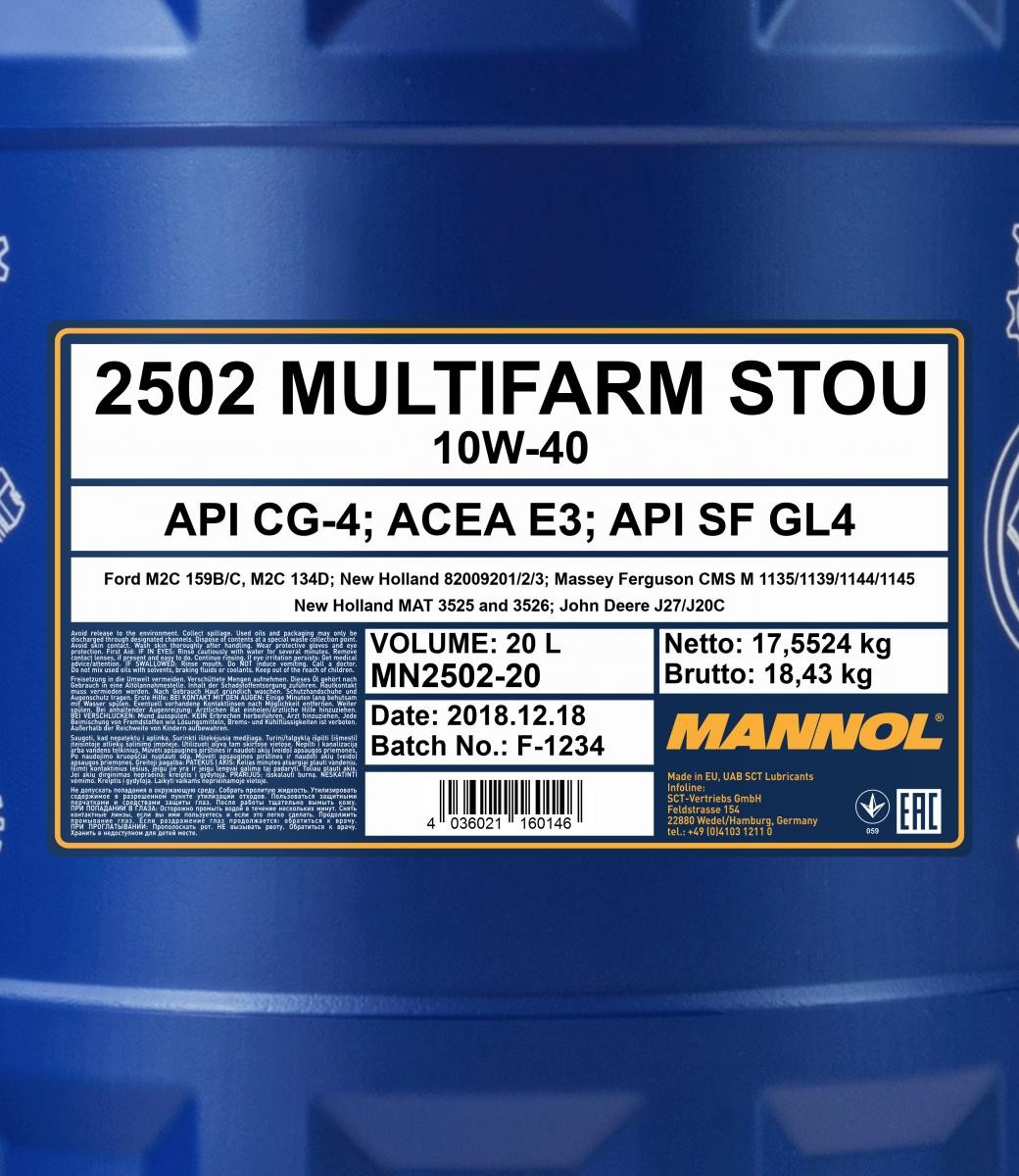 10W-40 Mannol 2502 Multifarm STOU 20 Liter