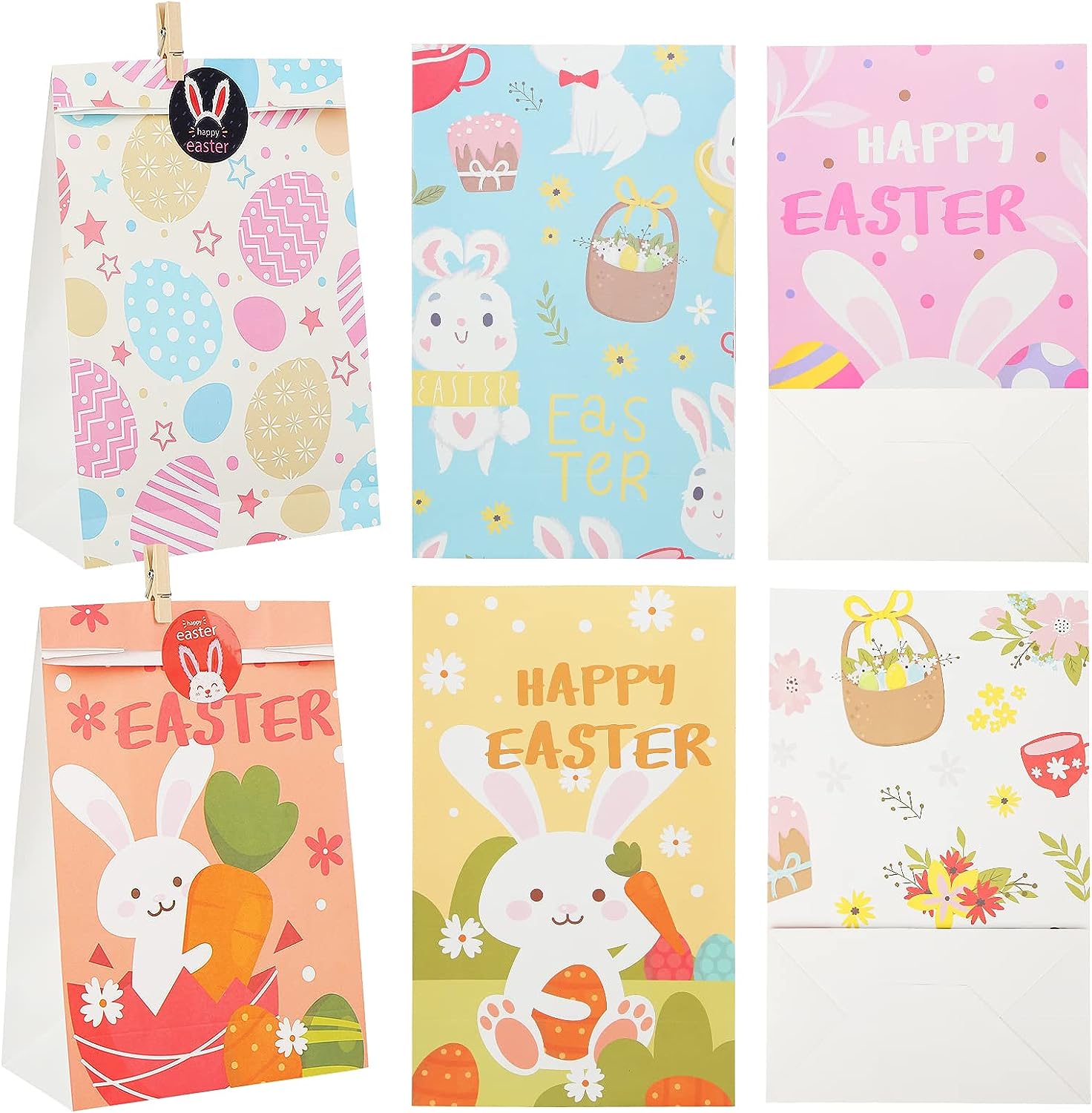 Koogel Ostern Papier Geschenktüten, 12 Stücke 6 Designs Bunte Ostern Partytüte mit Ostern Geschenkanhänger Aufklebern Süßigkeiten Papiertüten für Kind