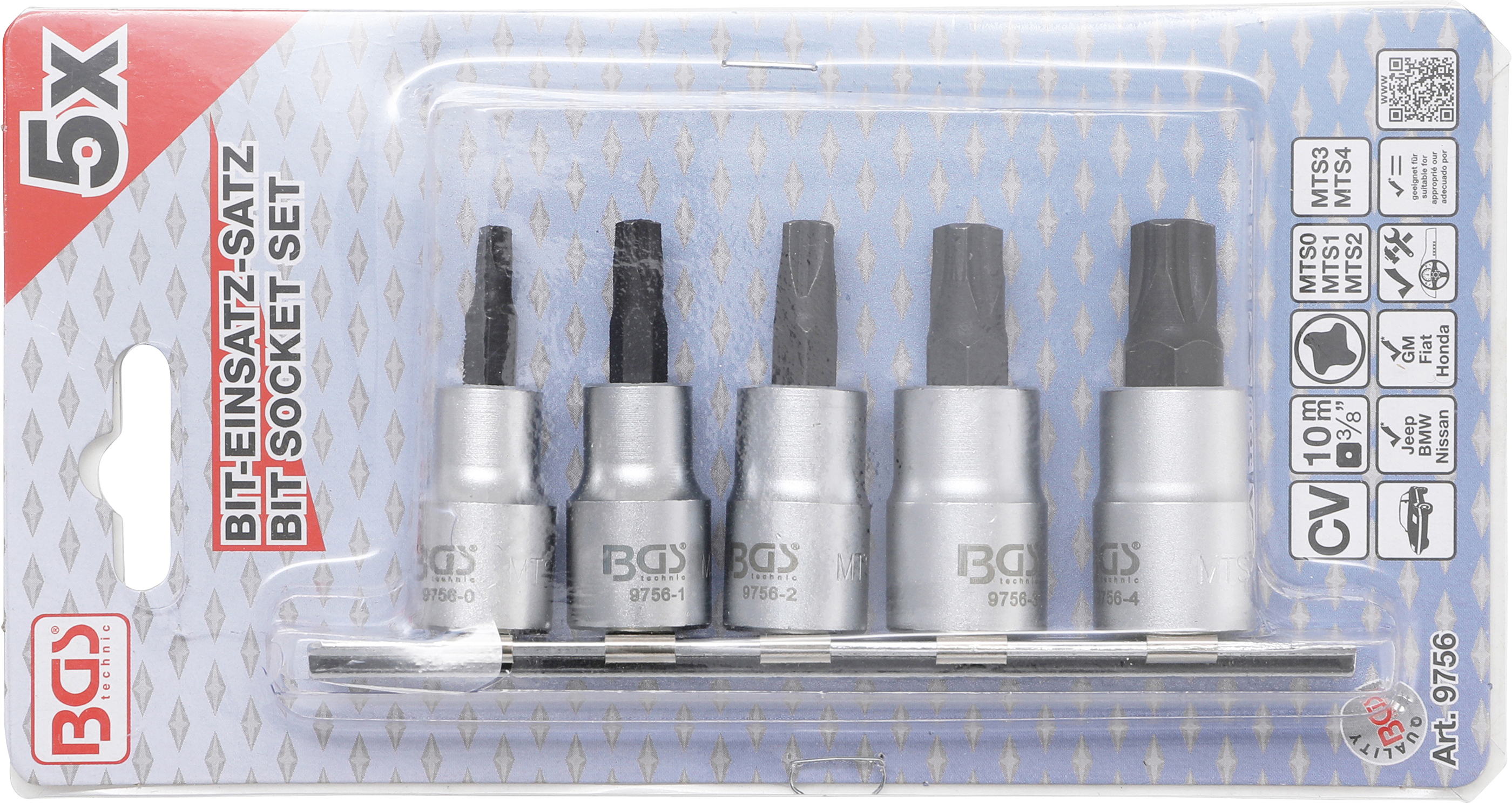 BGS Bit-Einsatz-Satz | Antrieb Innenvierkant 10 mm (3/8") | 4-kant Profil (für MTS-Mortorq) MTS0 - MTS04 | 5-tlg.