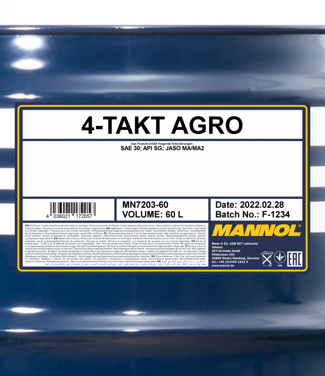 Mannol 7203 4-Takt Agro SAE 30 Rasenmäheröl Motoröl 60 Liter