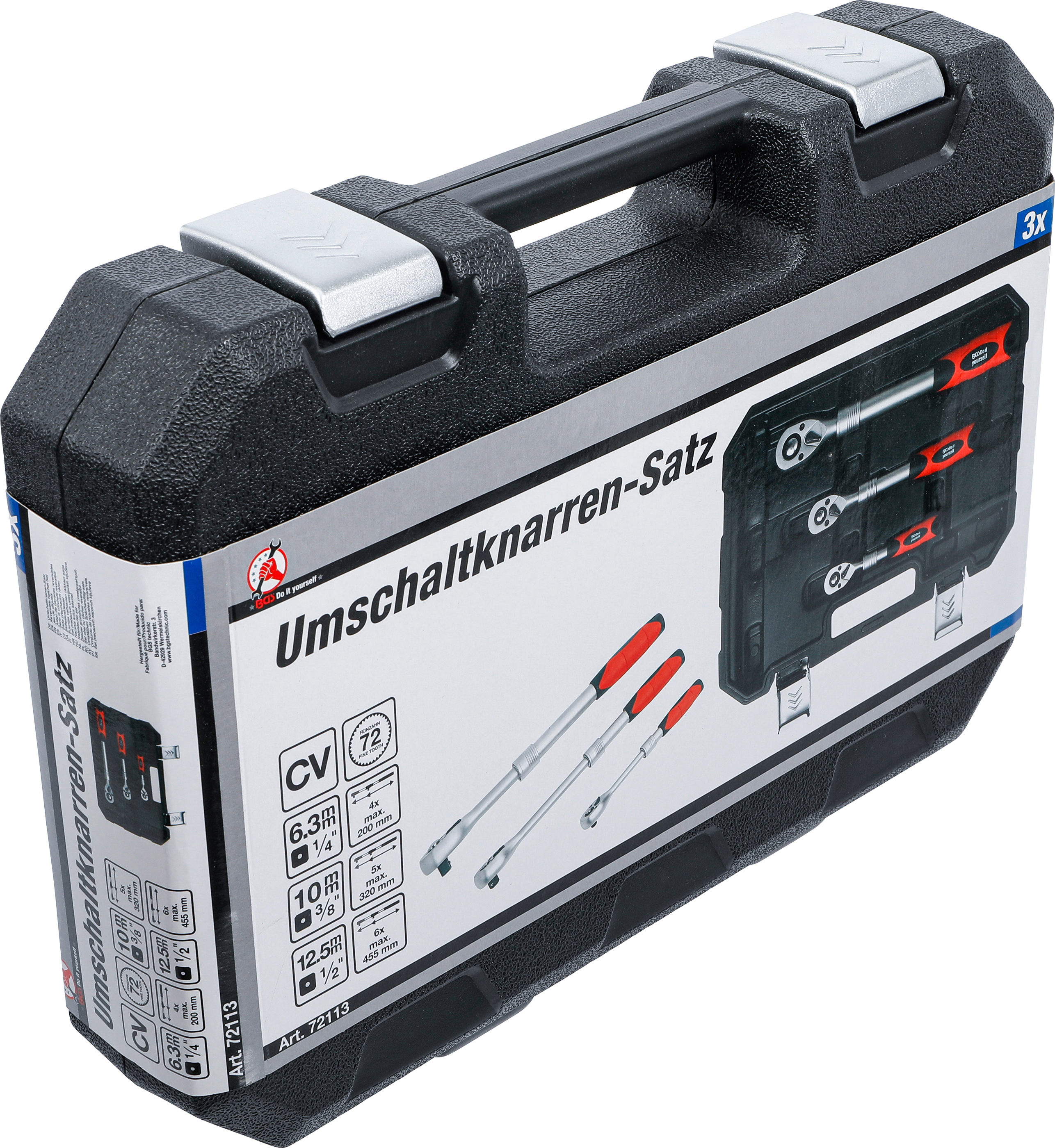 BGS Umschaltknarren-Satz | ausziehbar | Abtrieb Außenvierkant 6,3 mm (1/4") - 10 mm (3/8") - 12,5 mm (1/2") | 3-tlg.