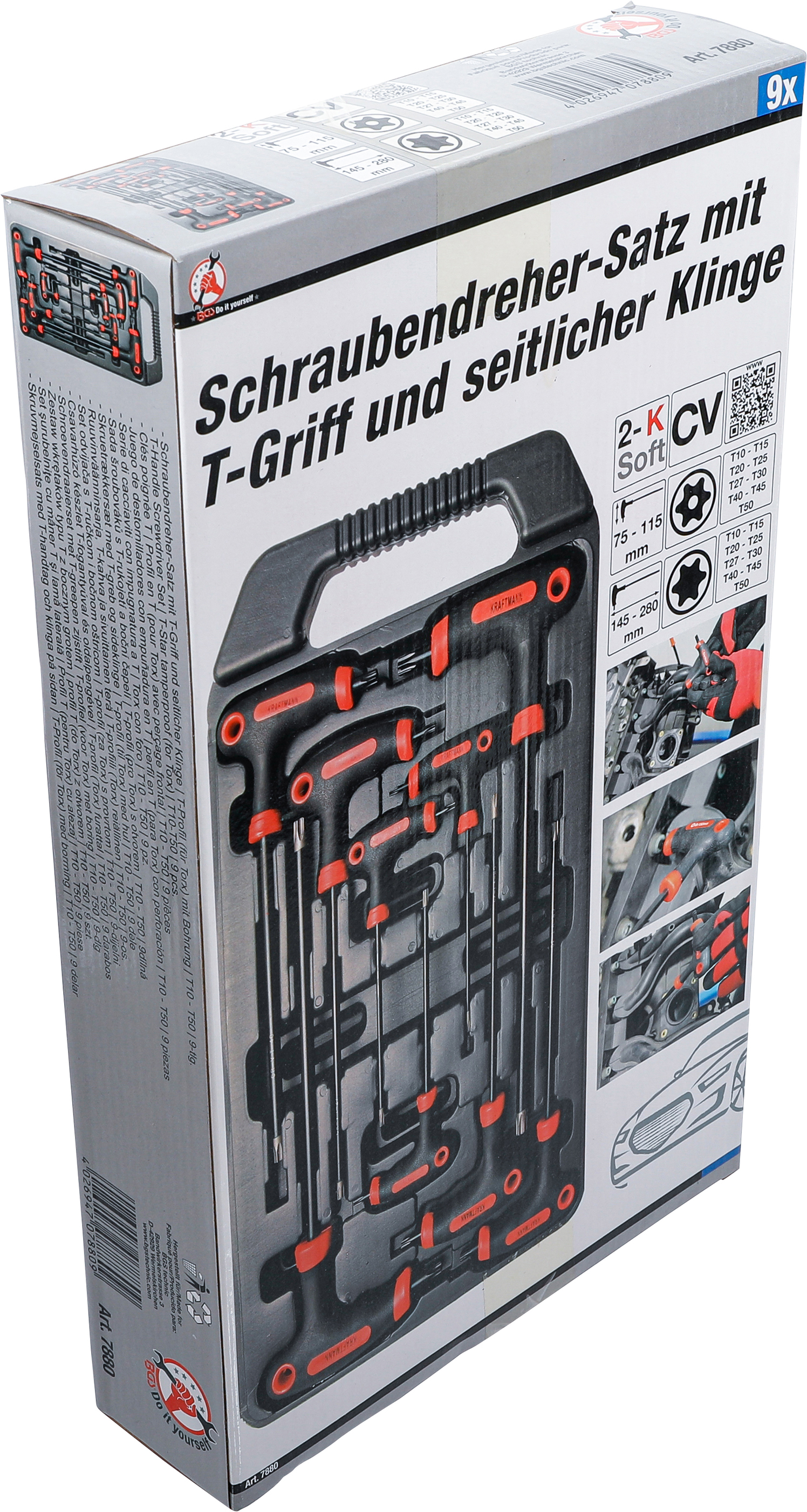 BGS Schraubendreher-Satz mit T-Griff und seitlicher Klinge | T-Profil (für Torx) mit Bohrung | T10 - T50 | 9-tlg.