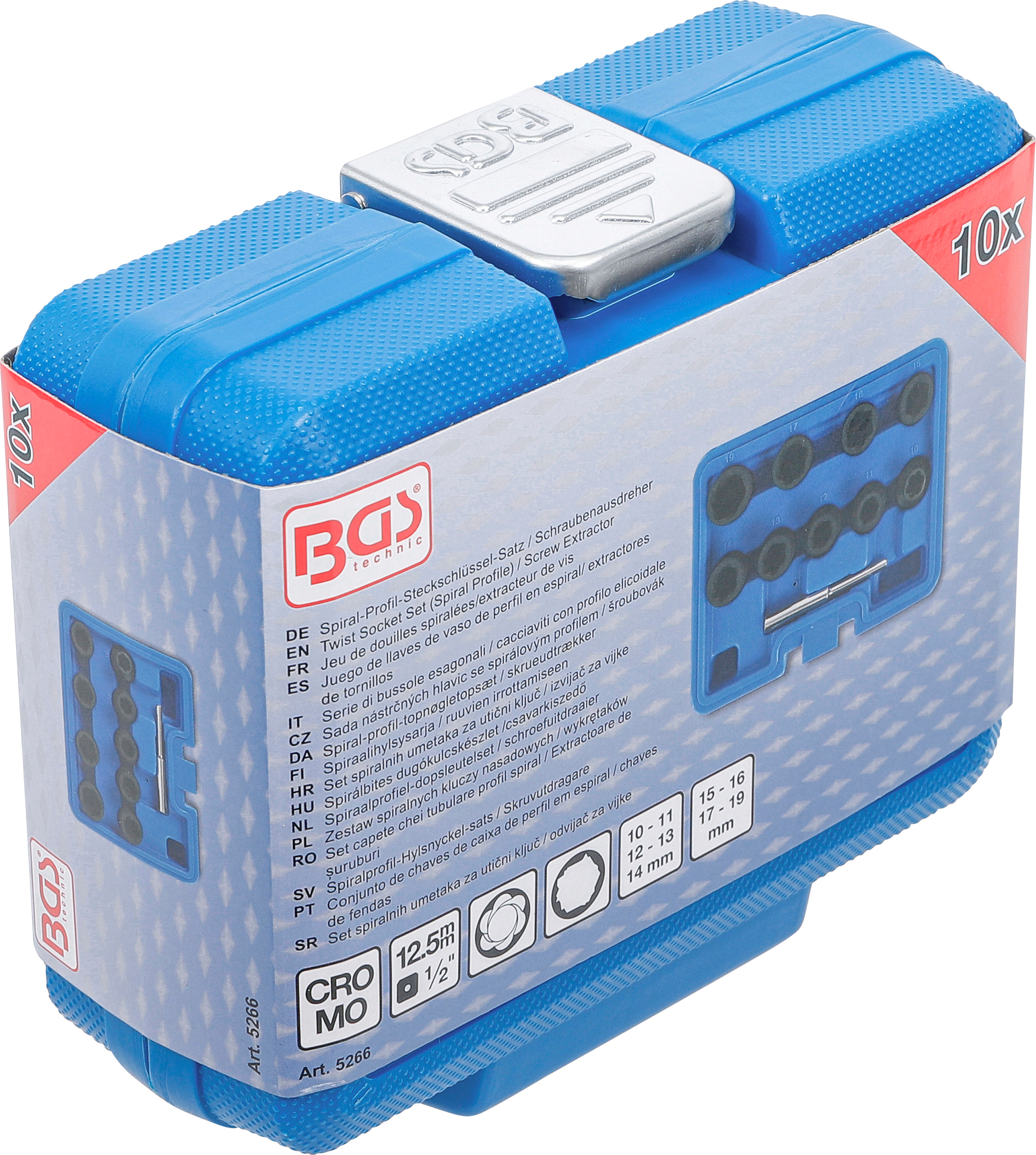 BGS Spiral-Profil-Steckschlüssel-Satz / Schraubenausdreher | Antrieb Innenvierkant 12,5 mm (1/2") | SW 10 - 19 mm | 10-tlg.