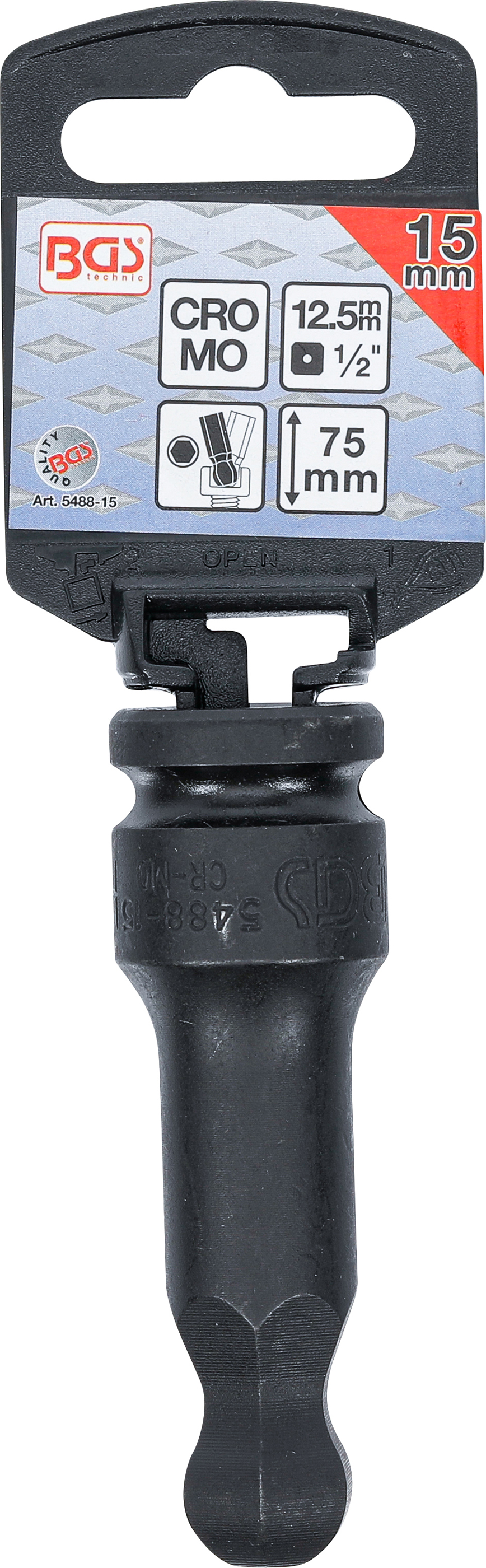 BGS Kraft-Bit-Einsatz | Länge 75 mm | Antrieb Innenvierkant 12,5 mm (1/2") | Innensechskant mit Kugelkopf 15 mm