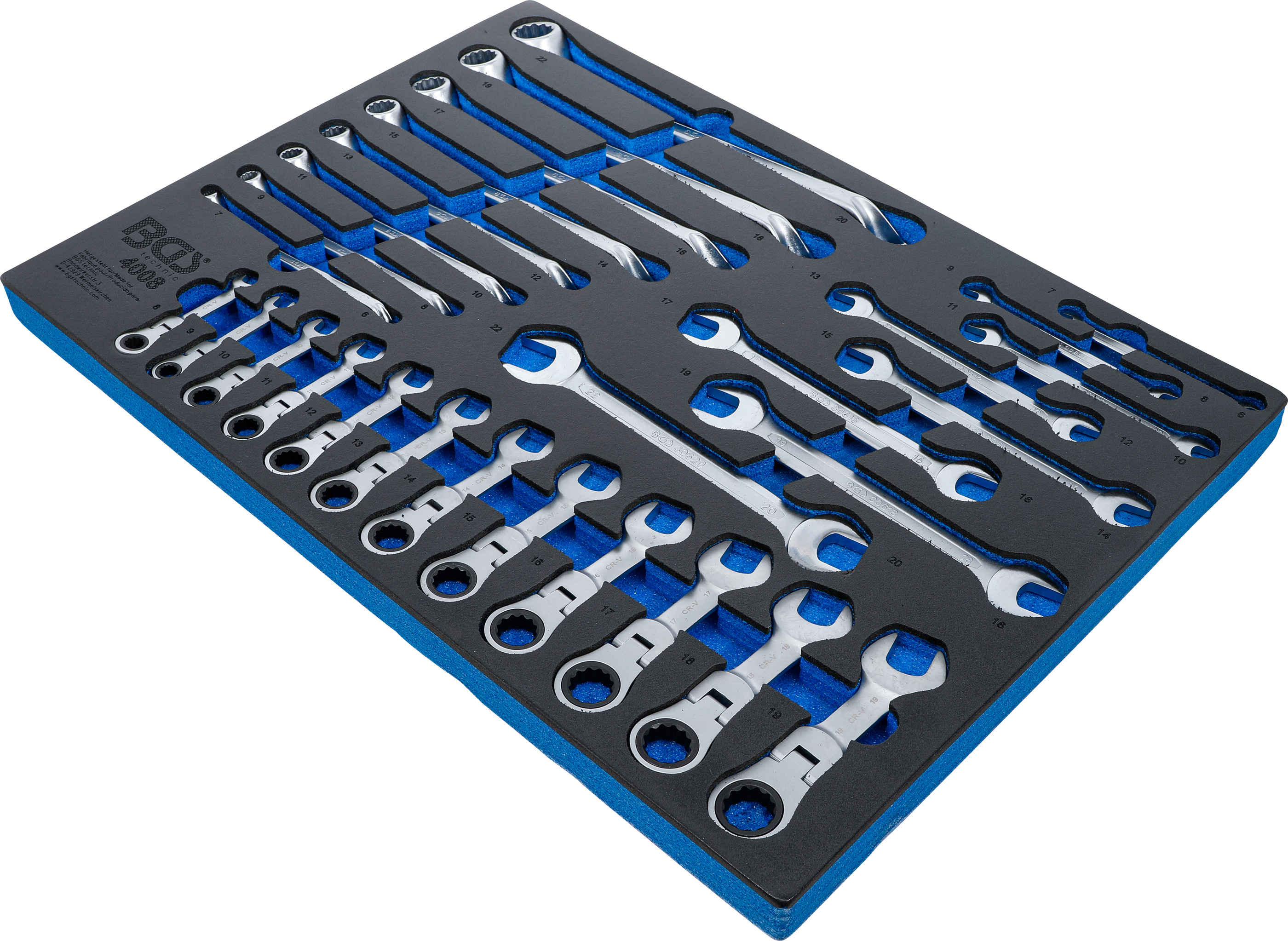 BGS Werkstattwageneinlage 3/3: Doppel-Maulschlüssel, Doppel-Ringschlüssel, Ratschenring-Maulschlüssel | abwinkelbar | 28-tlg.
