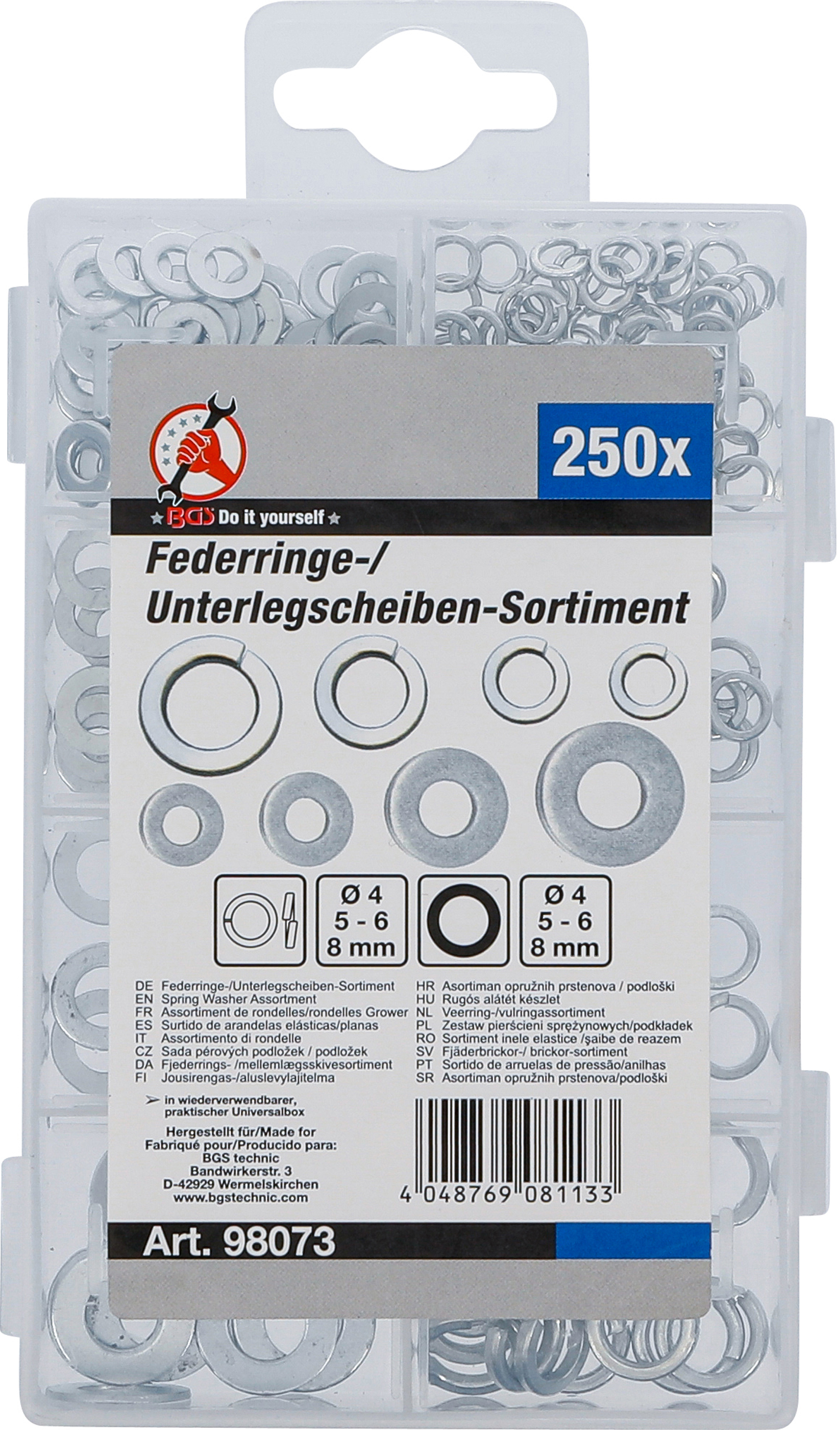 BGS Federringe- / Unterlegscheiben-Sortiment | Ø 4 - 8 mm | 250-tlg.