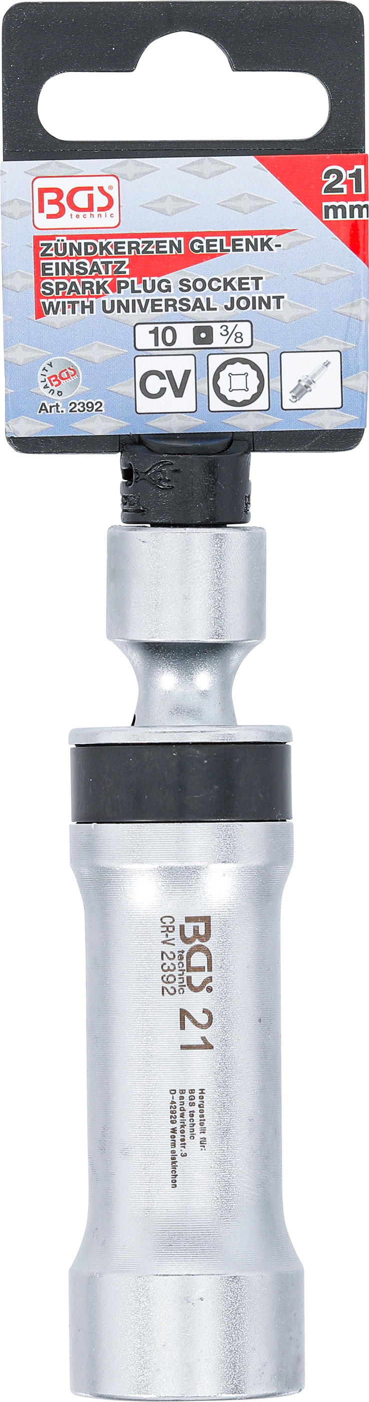 BGS Zündkerzen-Gelenkeinsatz Zwölfkant mit Haltefeder | Antrieb Innenvierkant 10 mm (3/8") | SW 21 mm