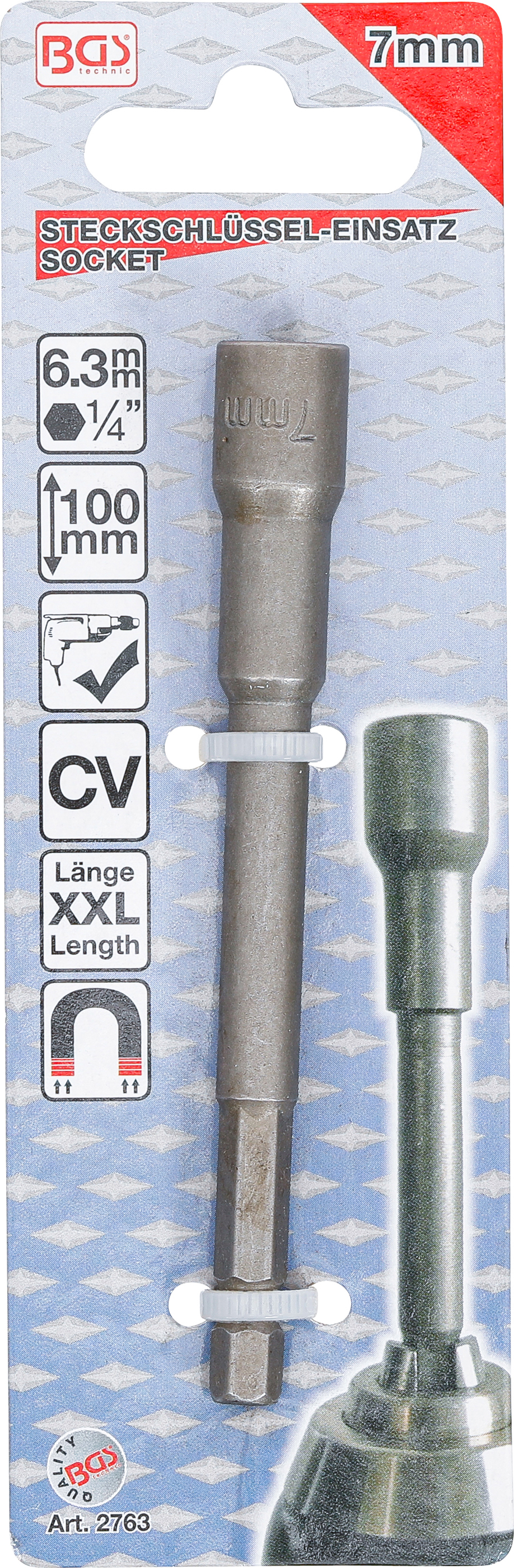 BGS Steckschlüssel-Einsatz Sechskant, extra lang | für Bohrmaschinen | Antrieb Außensechskant 6,3 mm (1/4") | SW 7 mm