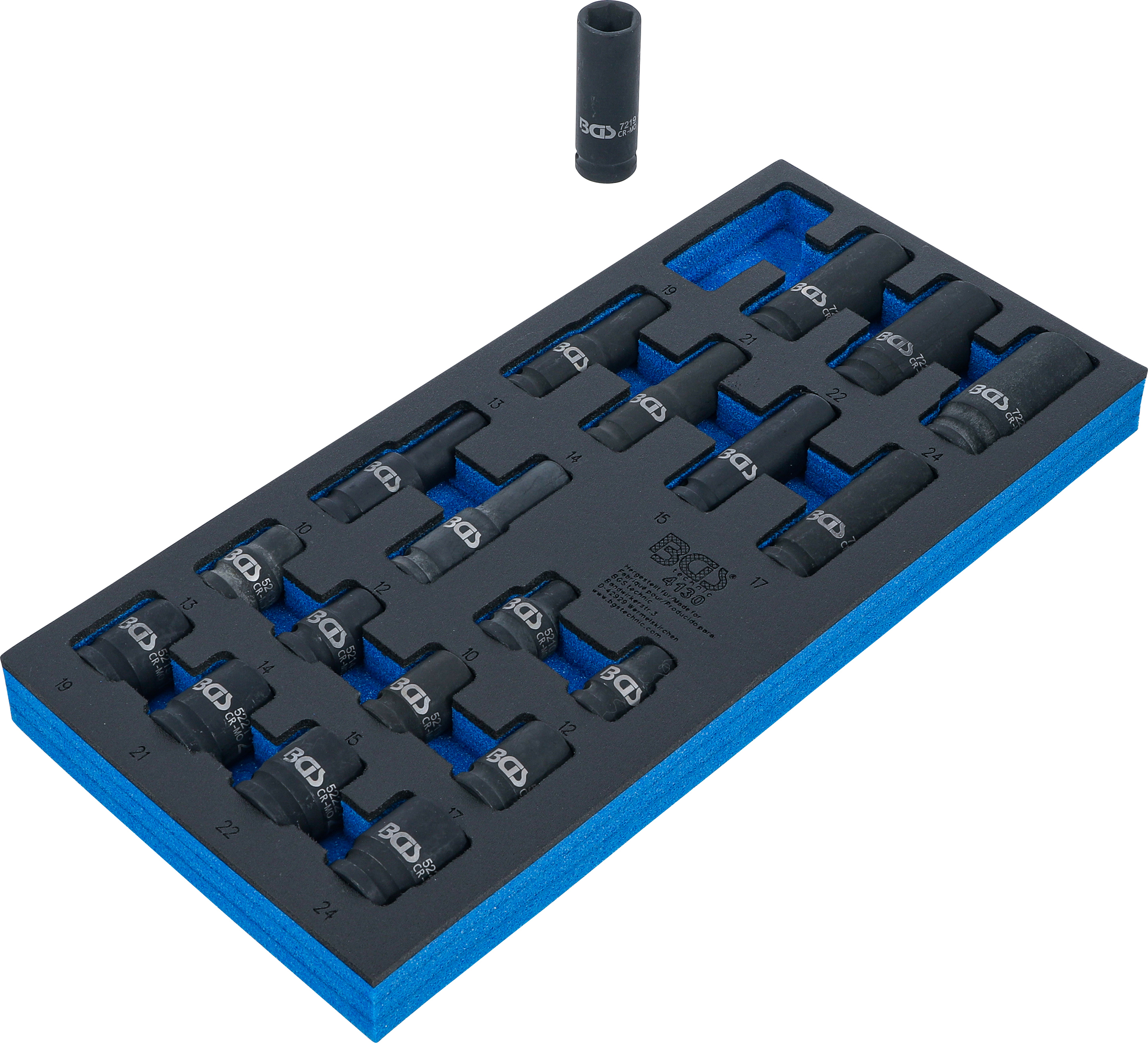 BGS Werkstattwageneinlage 1/3: Kraft-Steckschlüssel-Einsätze Sechskant | 12,5 mm (1/2") | 10 - 24 mm | 20-tlg.