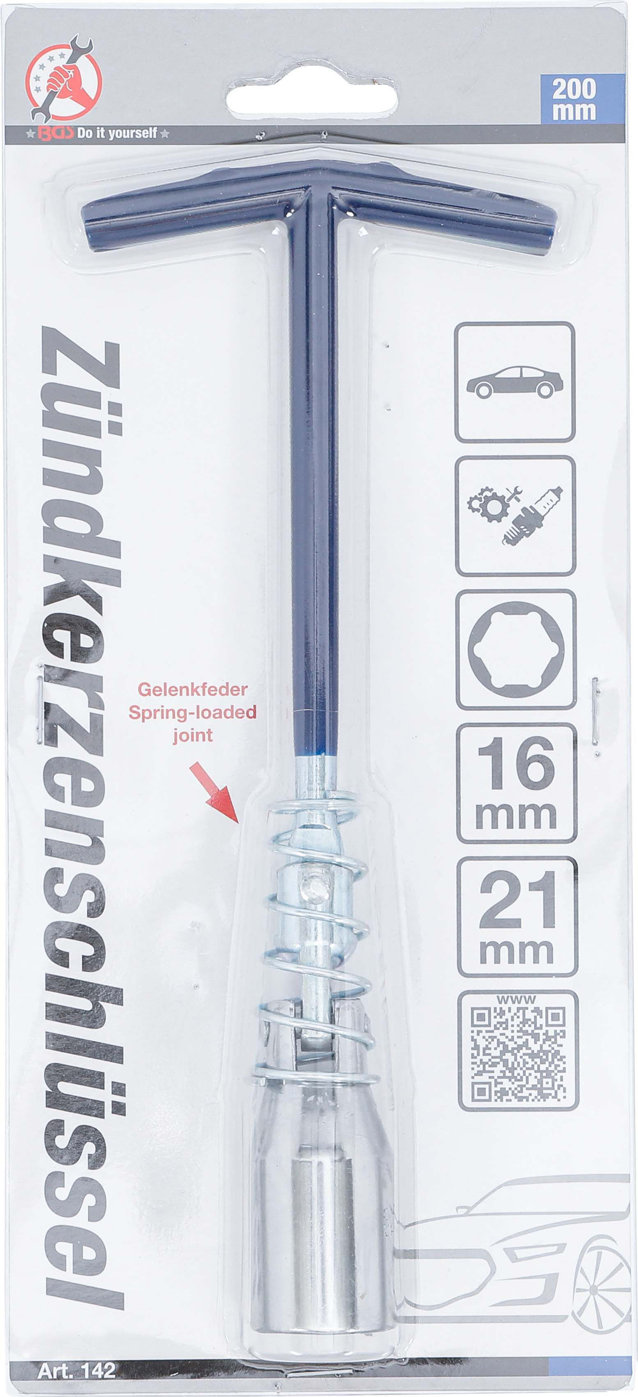BGS Zündkerzenschlüssel mit T-Griff, Gelenkfeder | Sechskant SW 16 mm / SW 21 mm