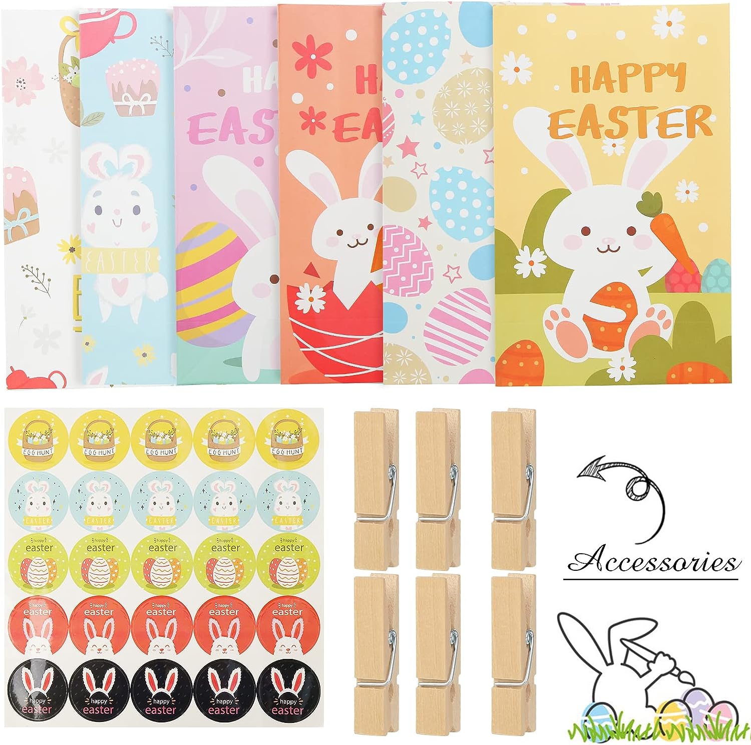 Koogel Ostern Papier Geschenktüten, 12 Stücke 6 Designs Bunte Ostern Partytüte mit Ostern Geschenkanhänger Aufklebern Süßigkeiten Papiertüten für Kind