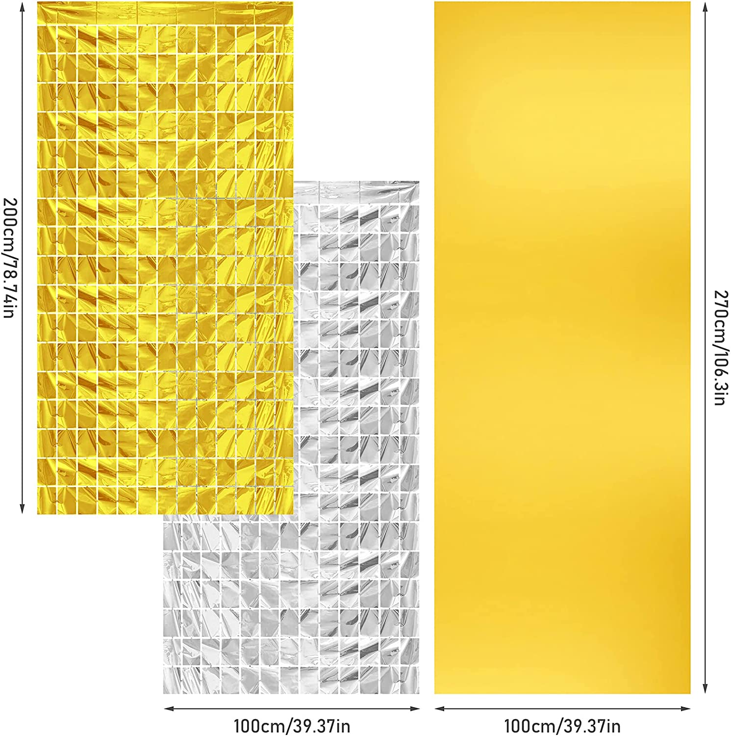 YHSWIN Folie Dekorative Vorhänge, 2 Stück Glitzer Vorhang 1×2 m + 1 Stück Deko Tischdecke 1×2,7 m, Q