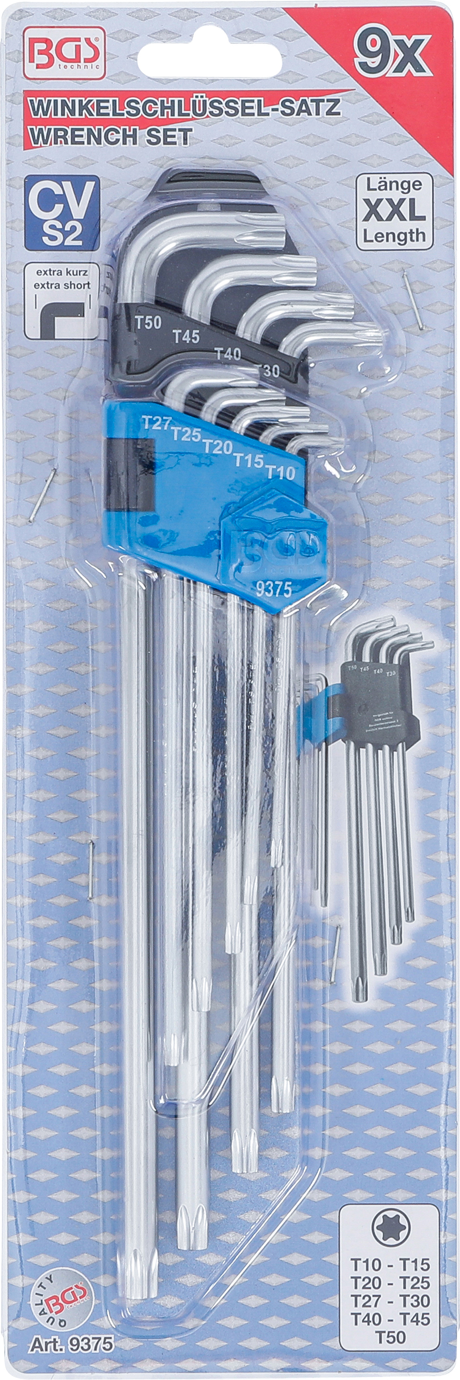 BGS Winkelschlüssel-Satz | extra lang + extra kurz | T-Profil (für Torx) T10 - T50 | 9-tlg.