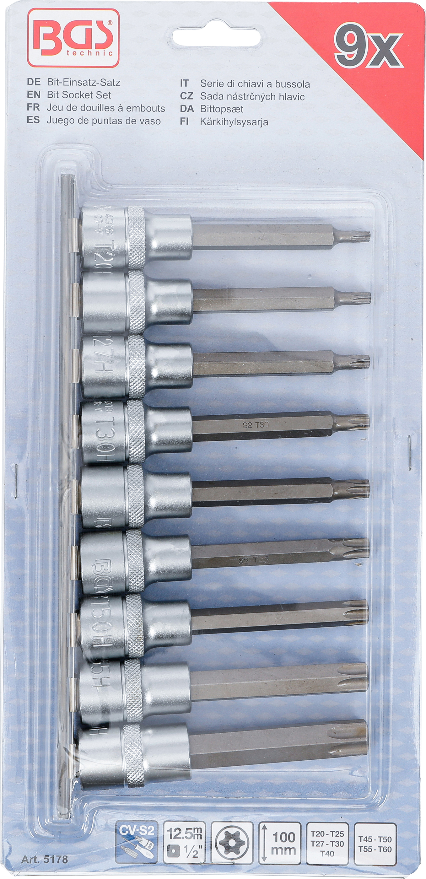 BGS Bit-Einsatz-Satz | Antrieb Innenvierkant 12,5 mm (1/2") | T-Profil (für Torx) mit Bohrung | 9-tlg.