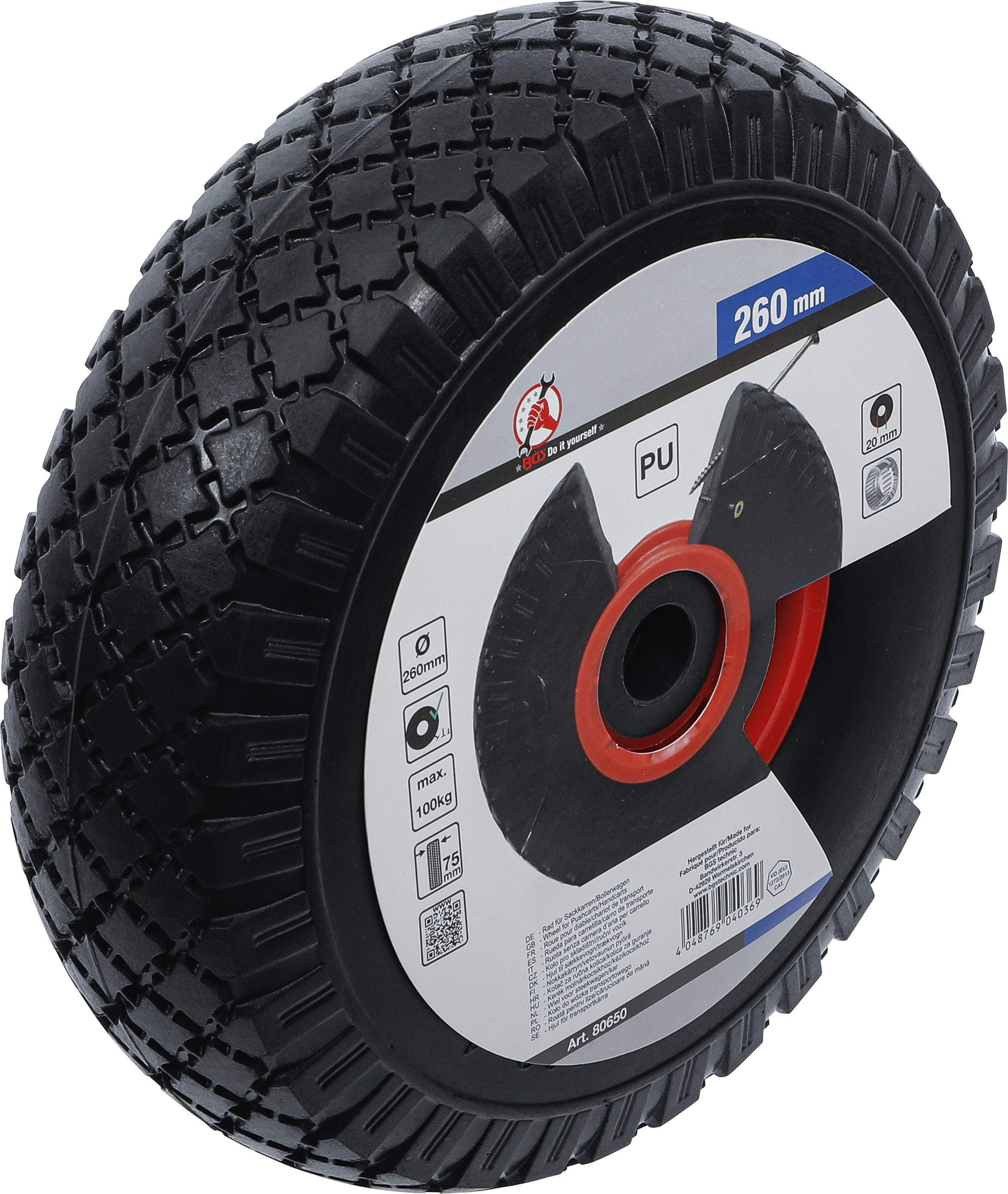 BGS Rad für Sackkarren / Bollerwagen | PU, rot/schwarz | 260 mm