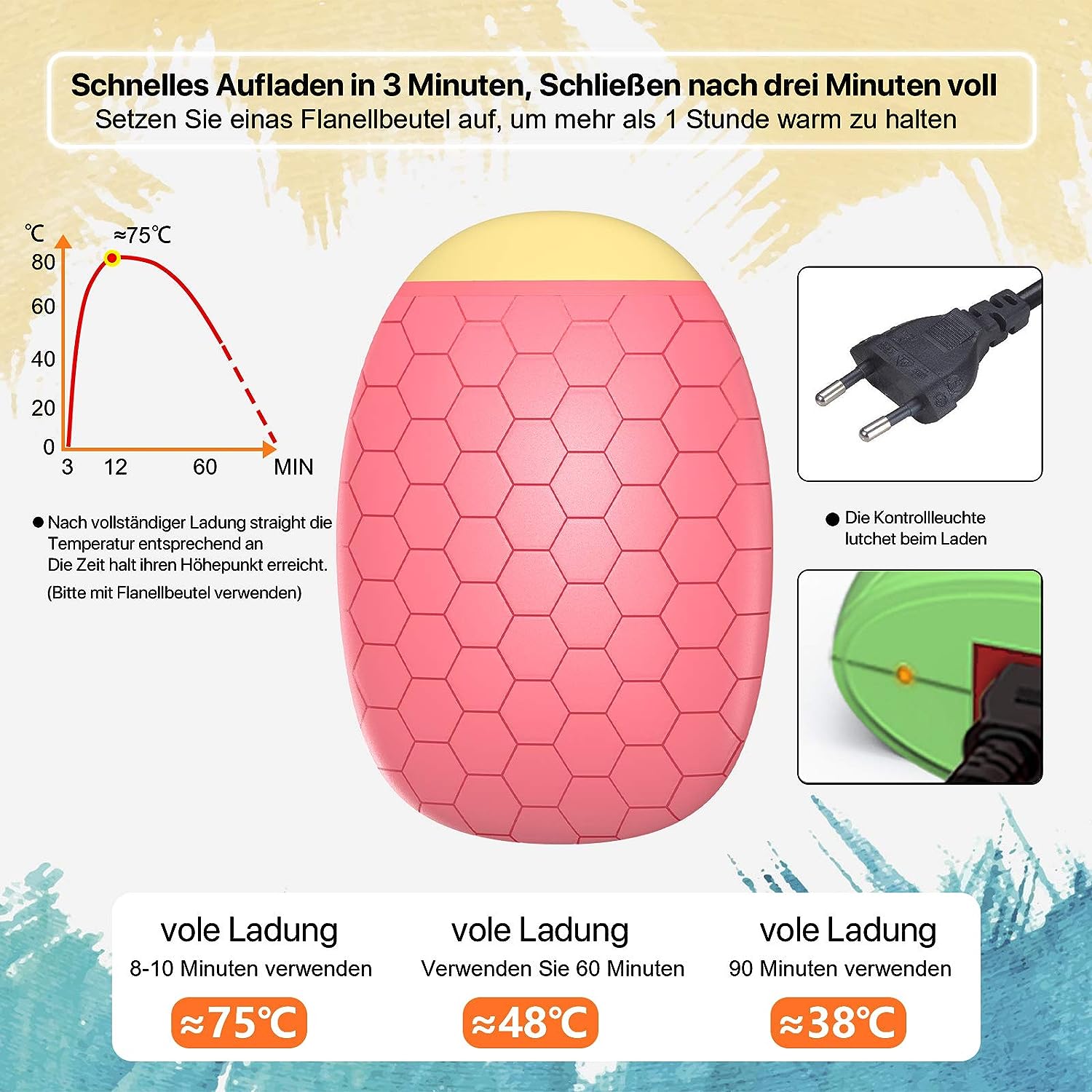 T98 Wiederverwendbar Handwärmer, Schnelle Heizung Taschenofen mit Flanell Tasche und Lanyard, Handheizung Tragbare Taschenwärmer Ideales Wintergeschen