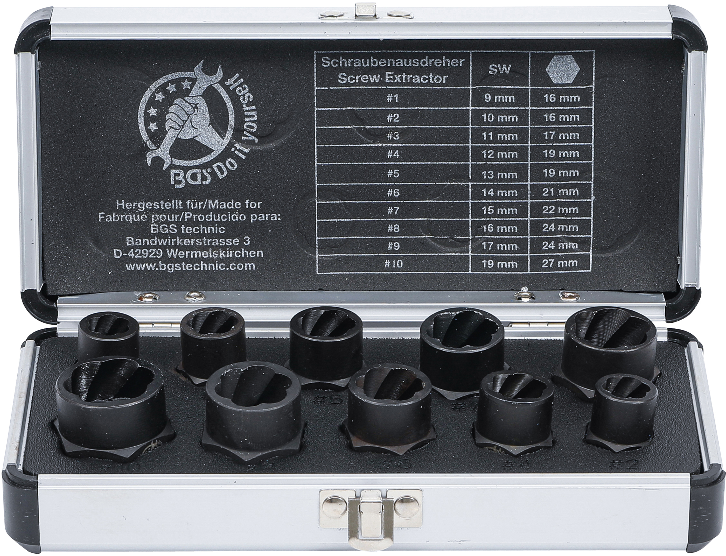 BGS Spiral-Profil-Steckschlüssel-Satz / Schraubenausdreher | Antrieb Innensechskant 10 mm (3/8") / Außensechskant | SW 9 - 19 mm | 10-tlg.