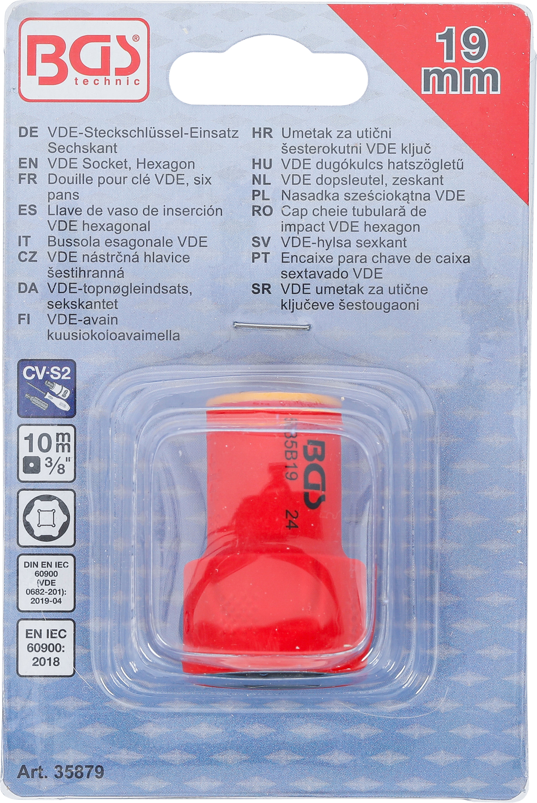 BGS VDE-Steckschlüssel-Einsatz Sechskant | Antrieb Innenvierkant 10 mm (3/8") | SW 19 mm