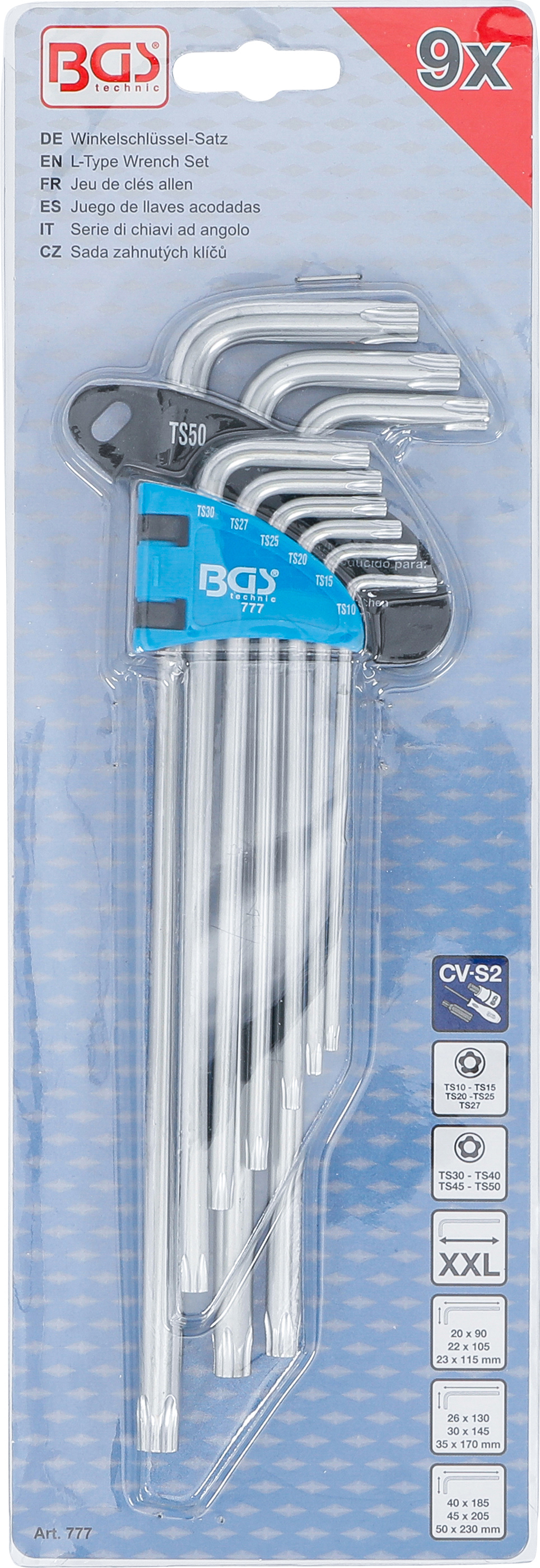 BGS Winkelschlüssel-Satz | extra lang | TS-Profil (für Torx Plus) TS10 - TS50 | 9-tlg.