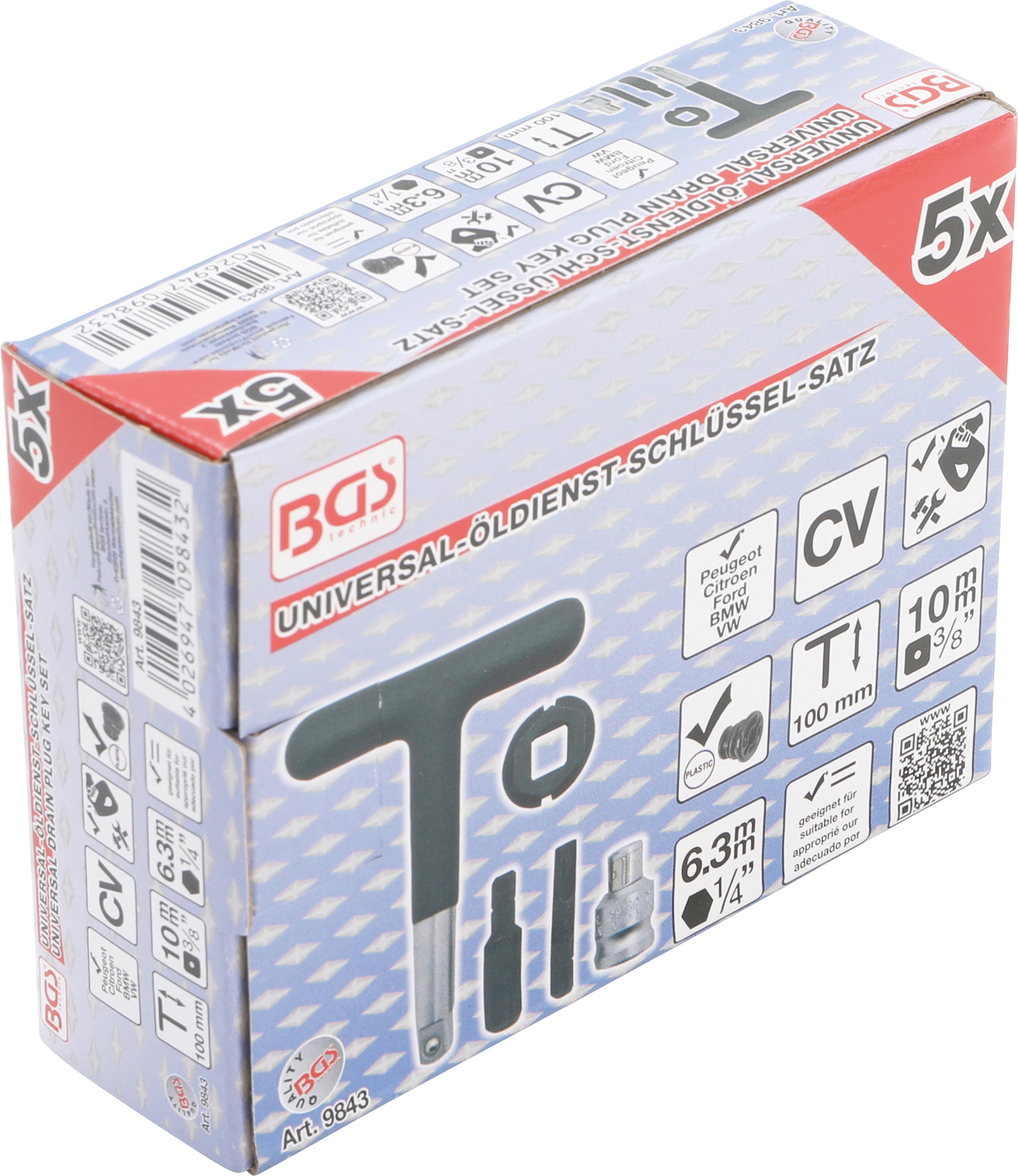 BGS Universal-Öldienst-Schlüssel-Satz | für Kunststoff-Ölablassschrauben | Antrieb Außensechskant 6,3 mm (1/4") / Abtrieb Außenvierkant 10 mm (3/8") | 5-tlg.