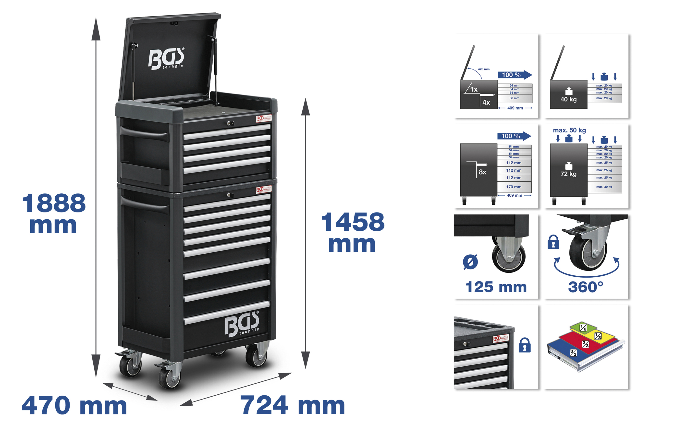 BGS Werkstattwagen Profi Standard Maxi | 12 Schubladen | mit 263 Werkzeugen