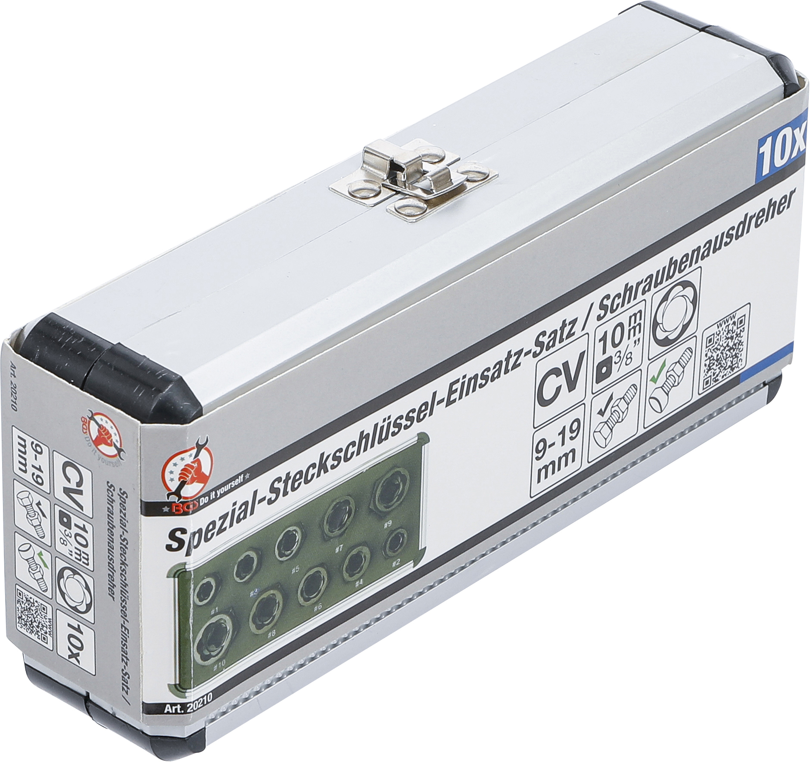 BGS Spiral-Profil-Steckschlüssel-Satz / Schraubenausdreher | Antrieb Innensechskant 10 mm (3/8") / Außensechskant | SW 9 - 19 mm | 10-tlg.