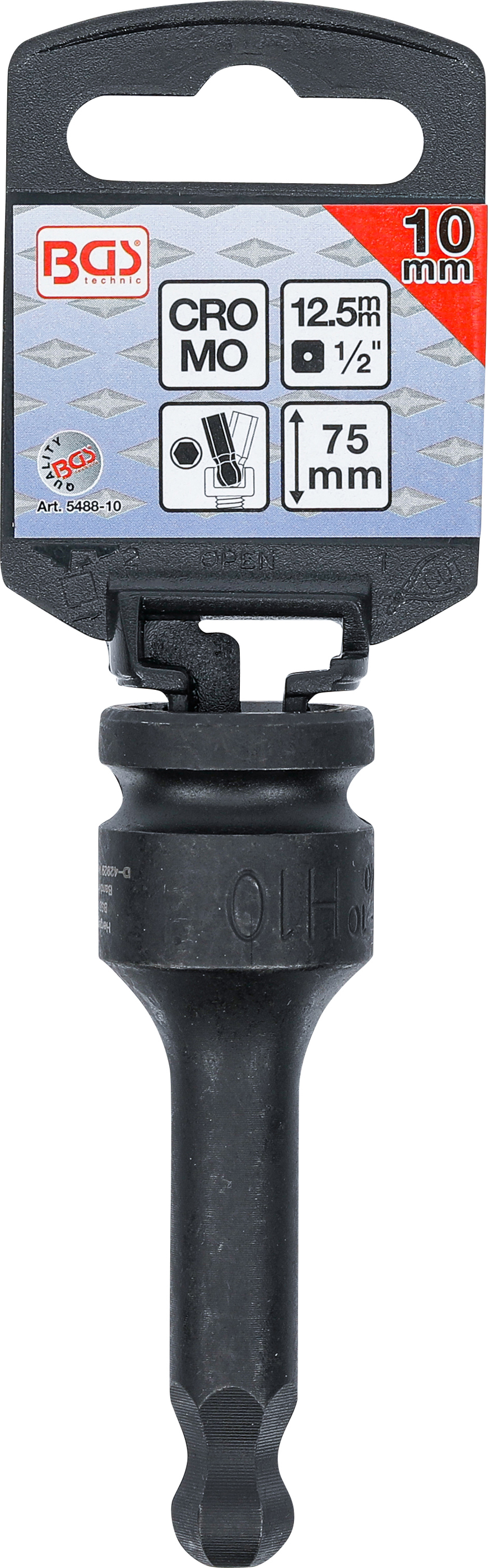 BGS Kraft-Bit-Einsatz | Länge 75 mm | Antrieb Innenvierkant 12,5 mm (1/2") | Innensechskant mit Kugelkopf 10 mm