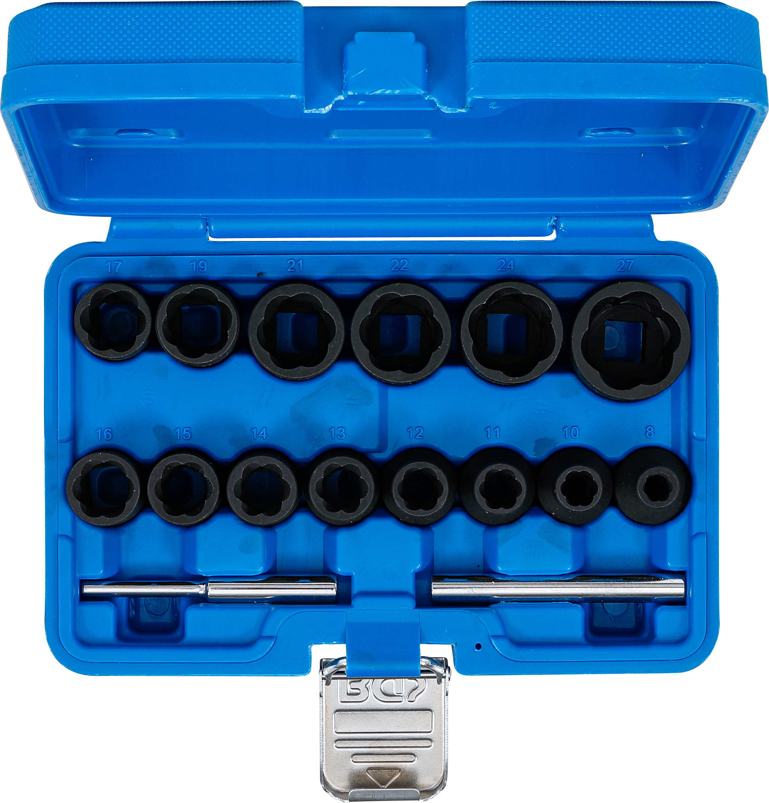 BGS Spiral-Profil-Steckschlüssel-Satz / Schraubenausdreher | Antrieb Innenvierkant 12,5 mm (1/2") | SW 8 - 27 mm | 16-tlg.
